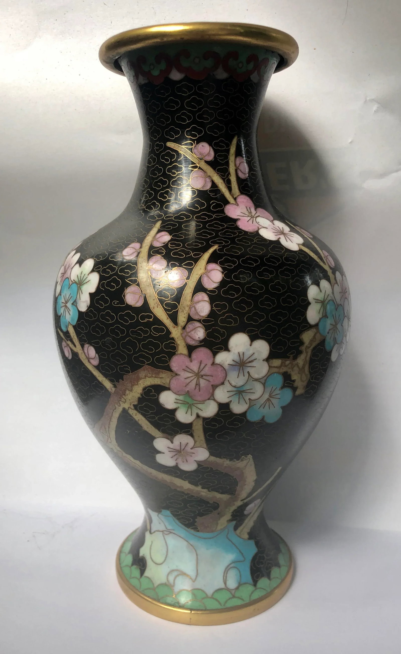 Black Chinese Cloisonne Floral Plum Blossom and Peony Vase - 10