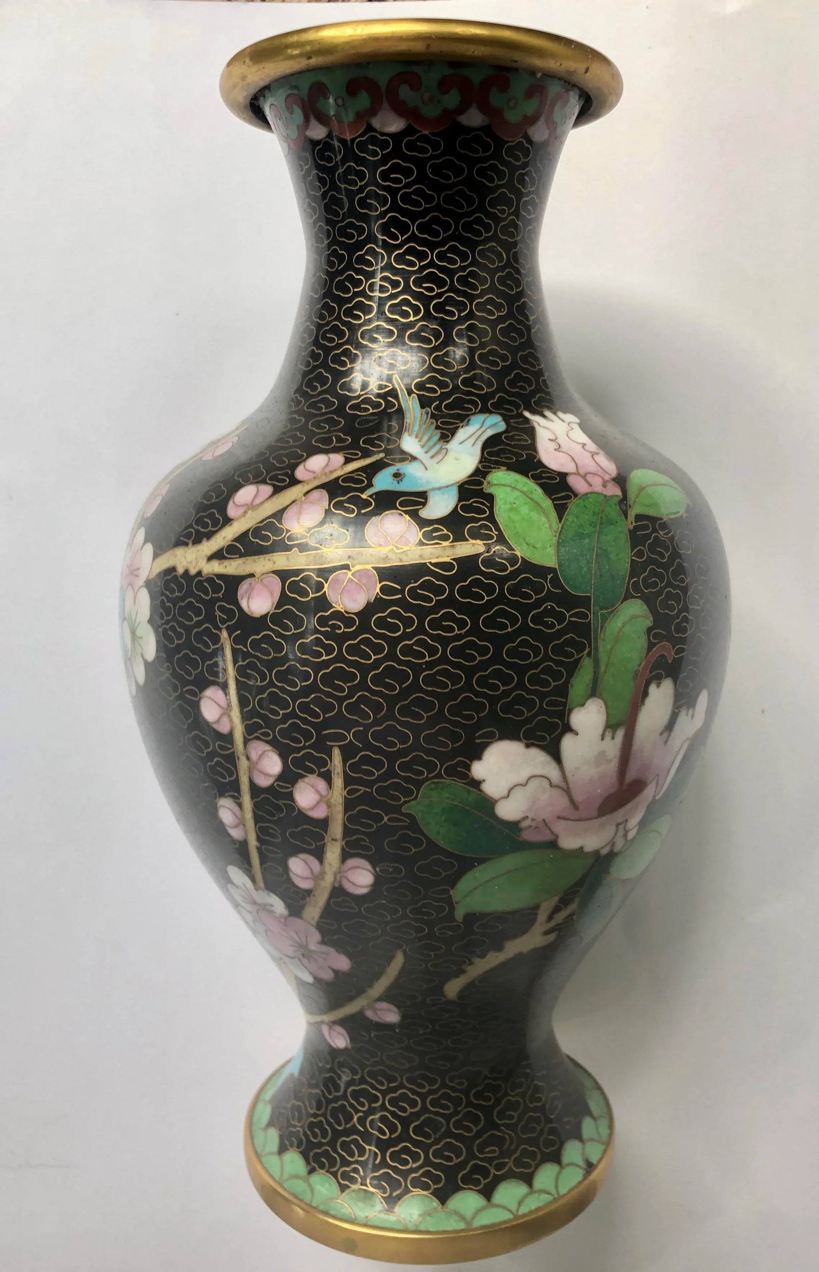 Black Chinese Cloisonne Floral Plum Blossom and Peony Vase - 11
