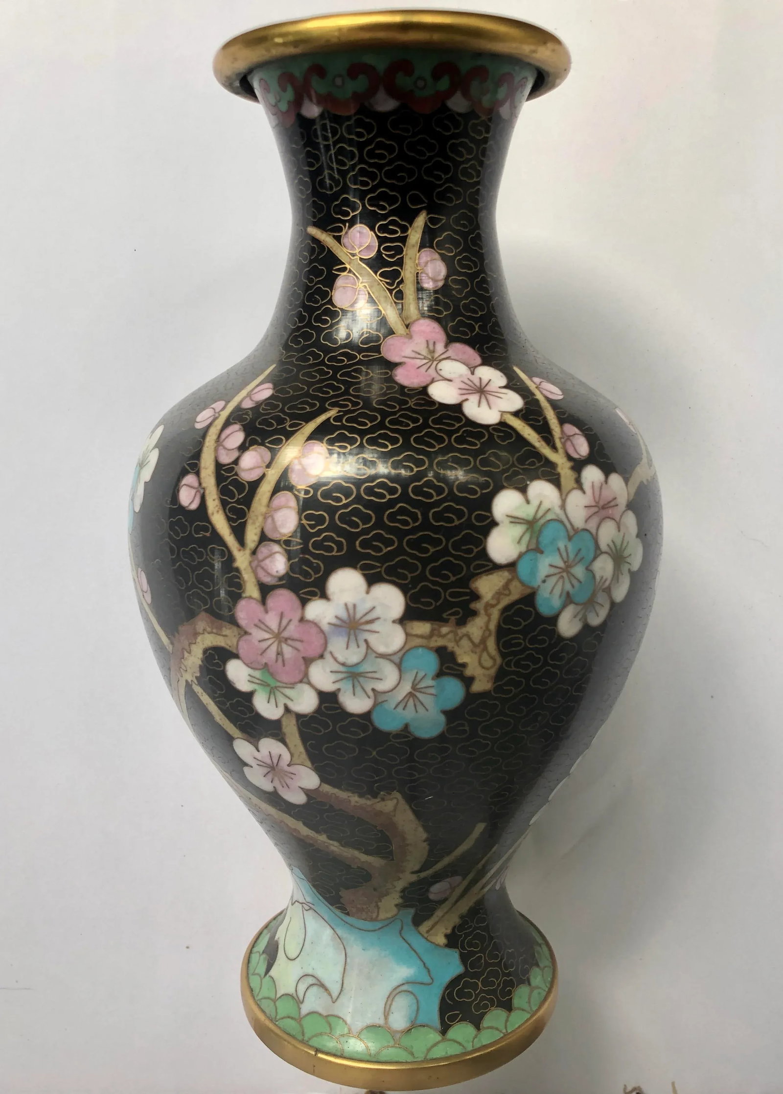 Black Chinese Cloisonne Floral Plum Blossom and Peony Vase - 12