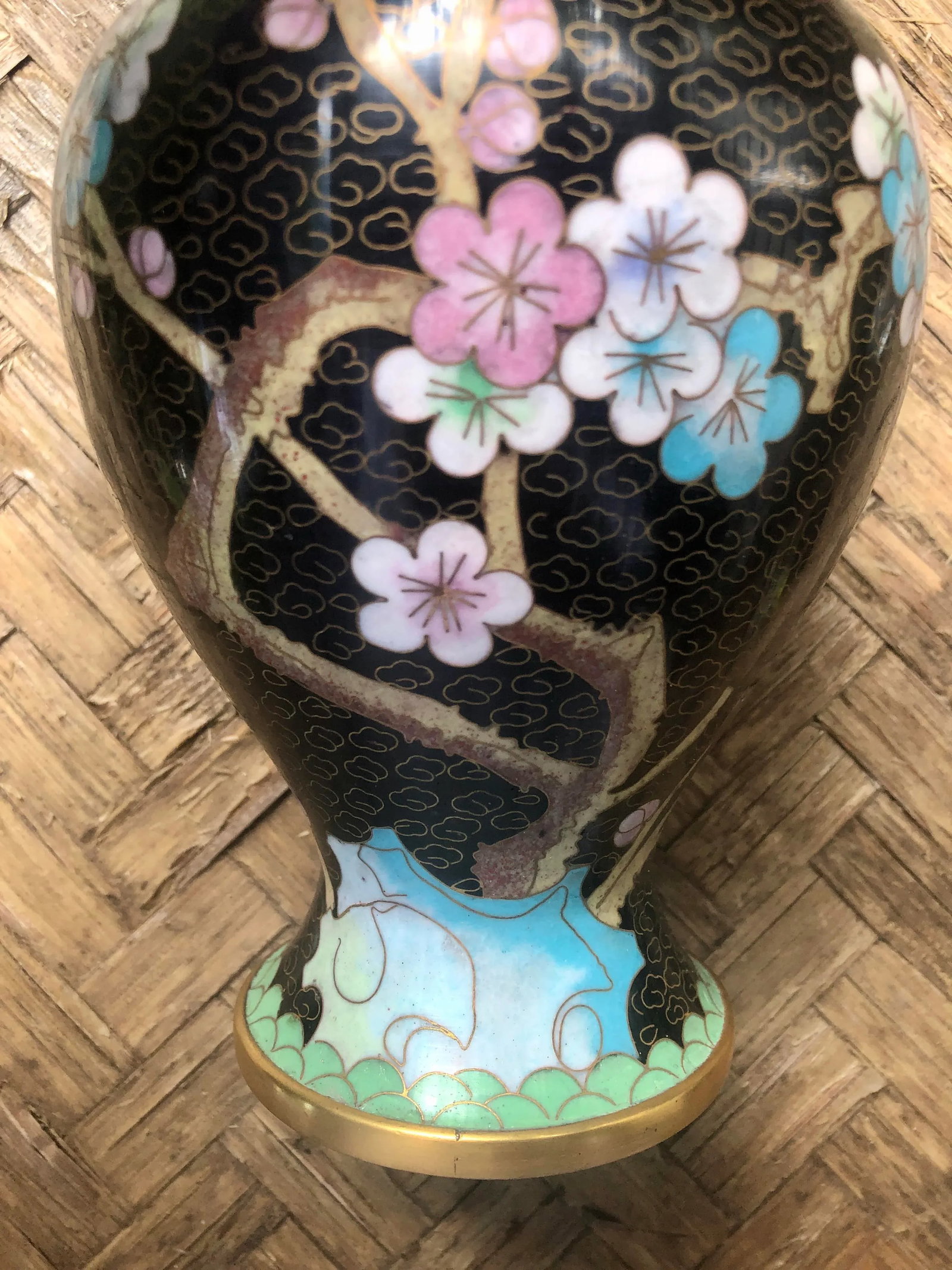 Black Chinese Cloisonne Floral Plum Blossom and Peony Vase - 2