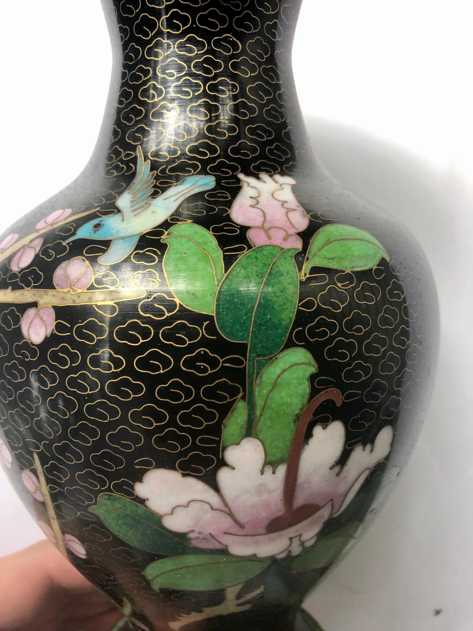 Black Chinese Cloisonne Floral Plum Blossom and Peony Vase - 4