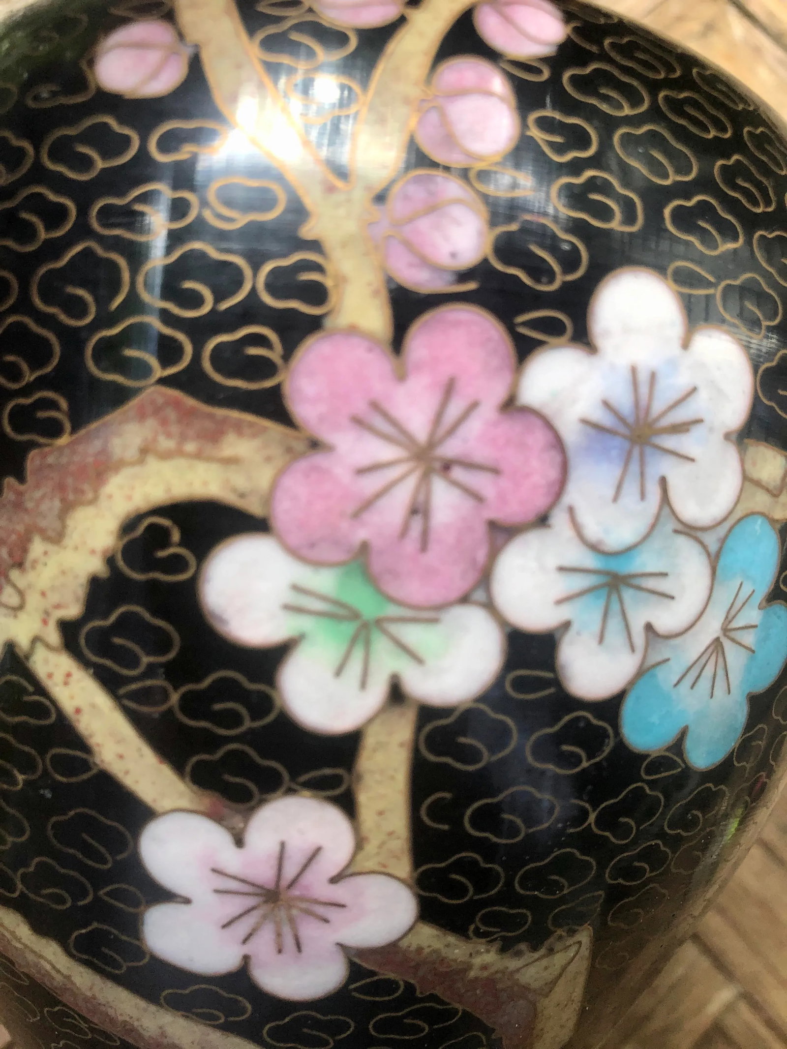 Black Chinese Cloisonne Floral Plum Blossom and Peony Vase - 5