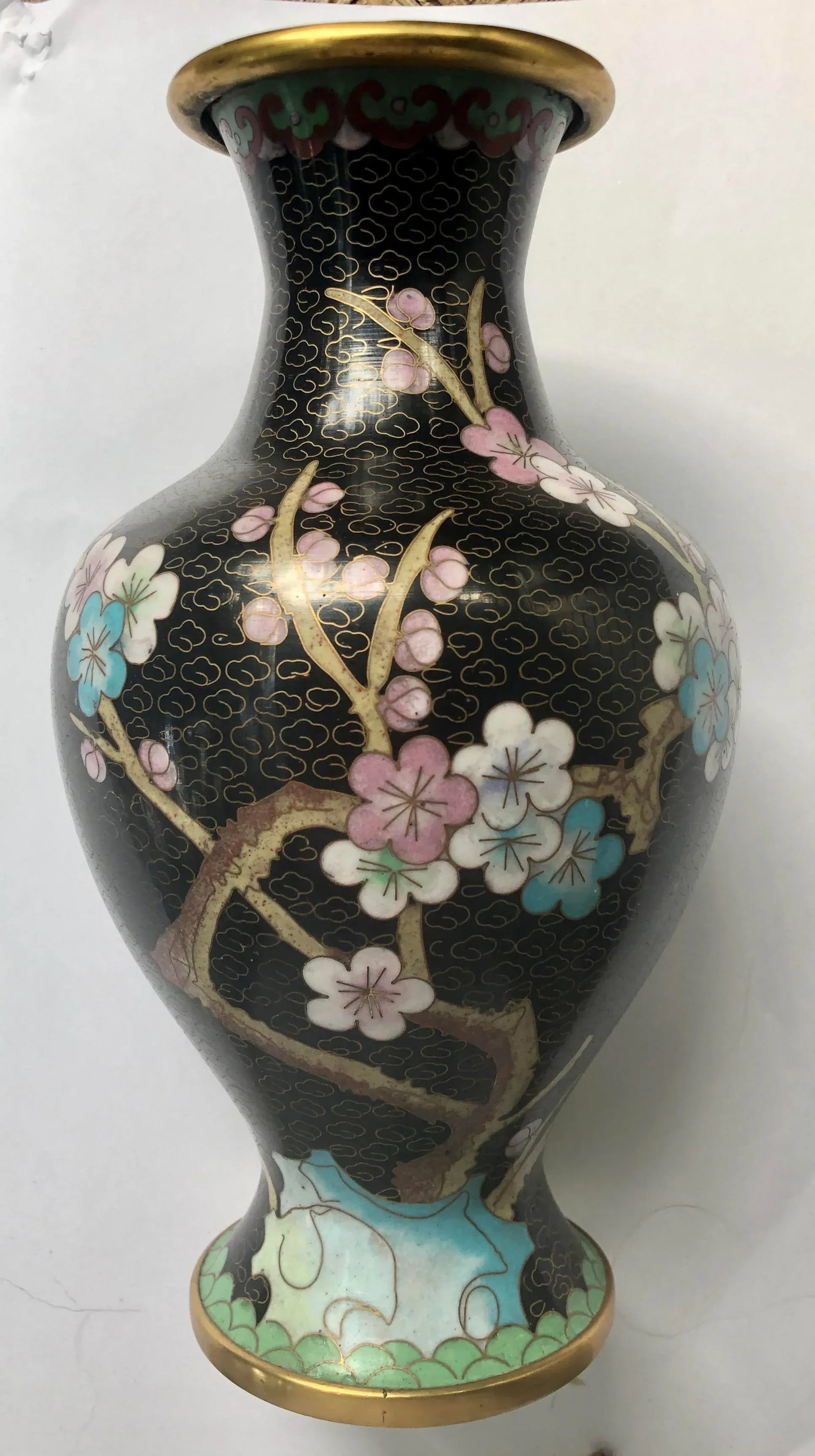 Black Chinese Cloisonne Floral Plum Blossom and Peony Vase - 6