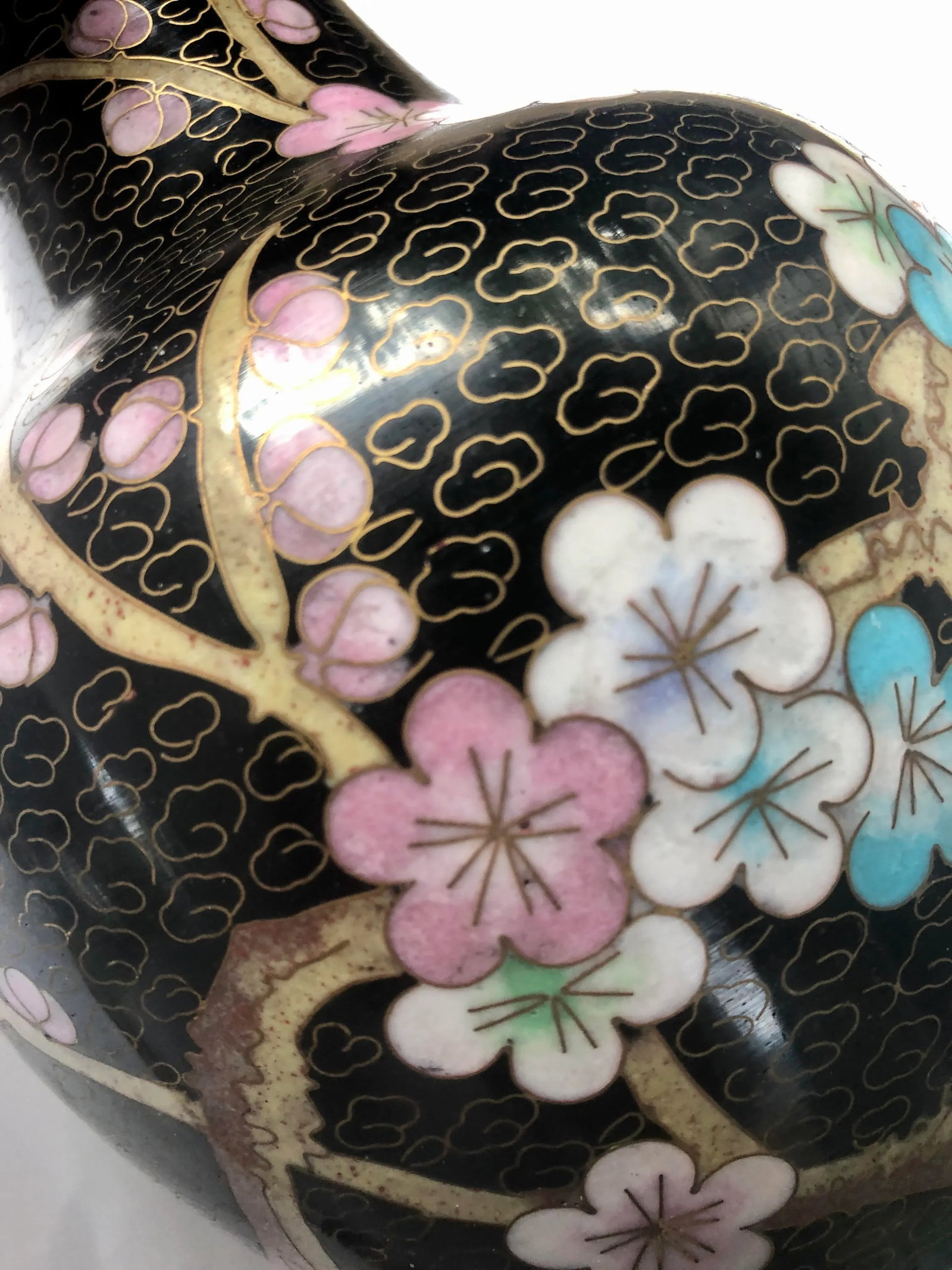Black Chinese Cloisonne Floral Plum Blossom and Peony Vase - 7