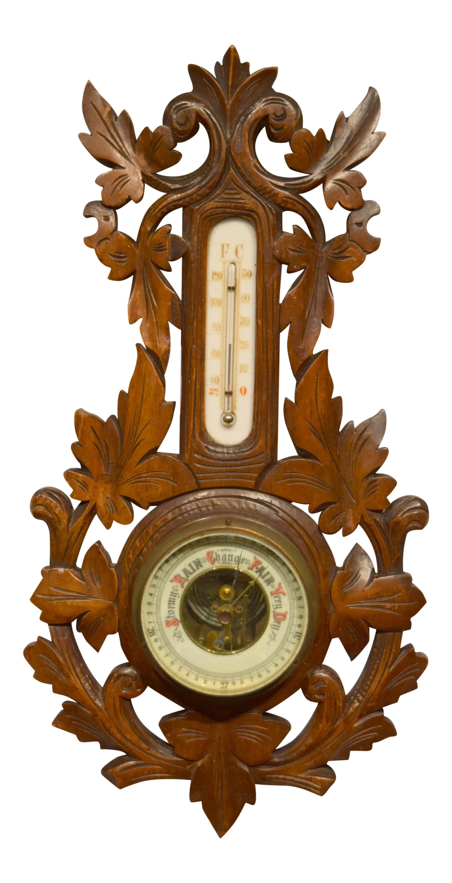 Late 19th-Century Carved Walnut Barometer/Thermometer (1 of 7)