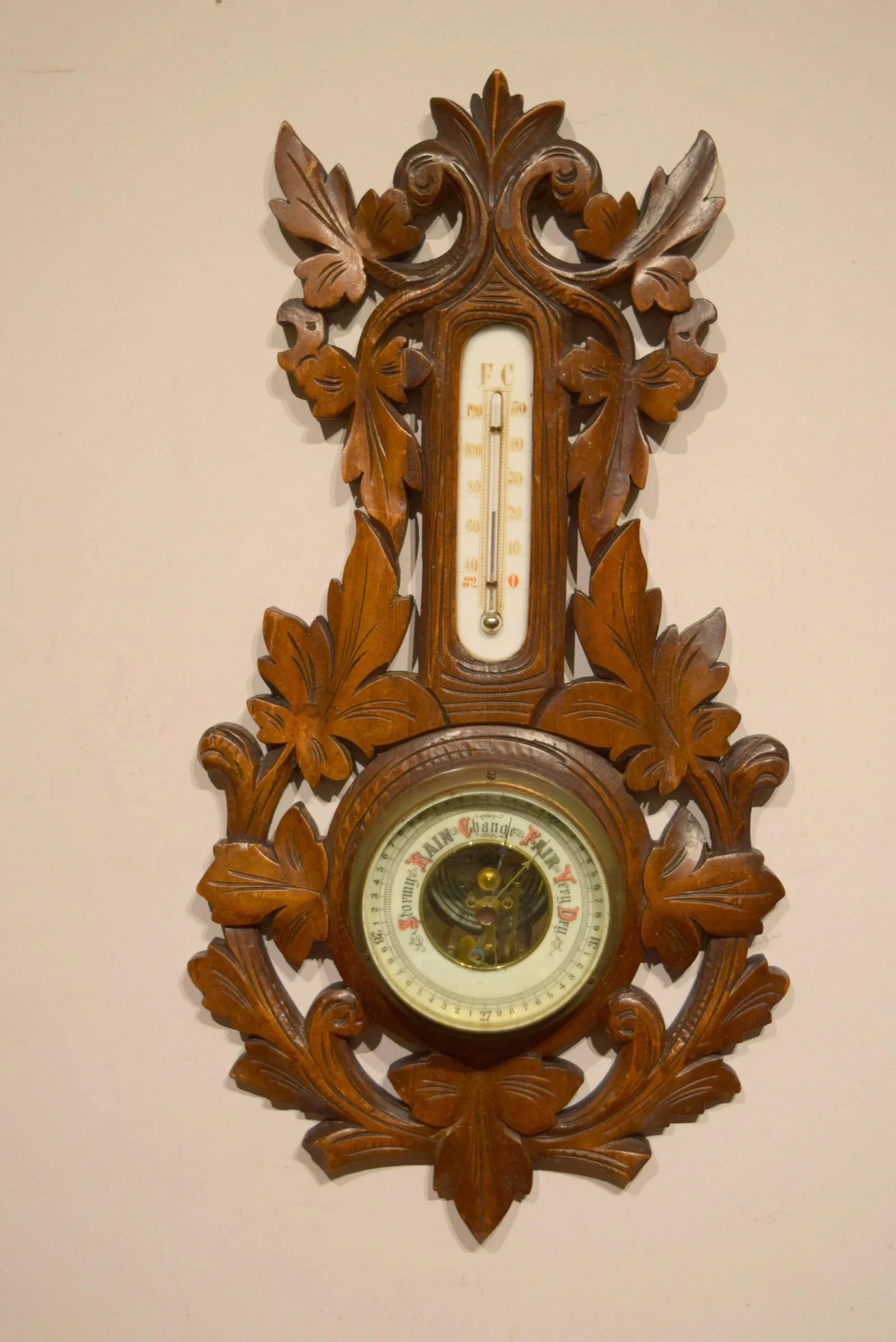 Late 19th-Century Carved Walnut Barometer/Thermometer - 7
