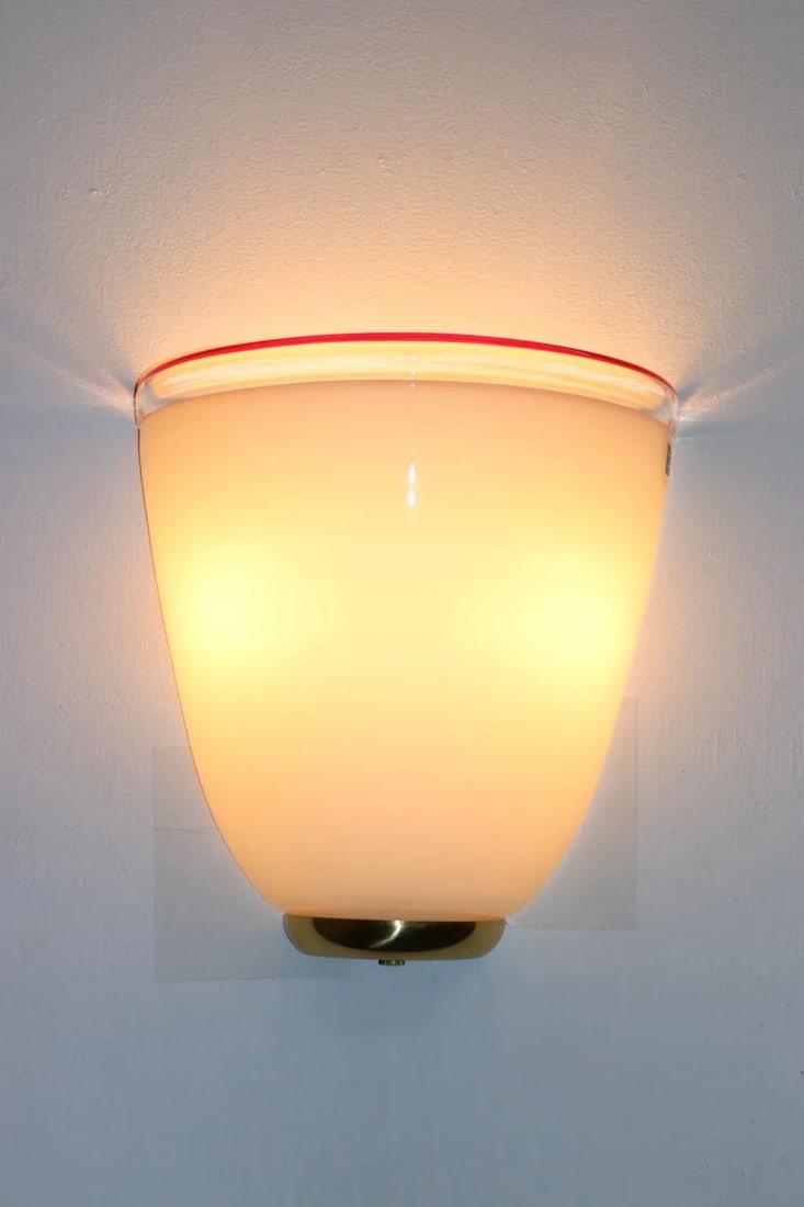 1980s Murano Itre Wall Lamp White Glass Red Stripe. - 3