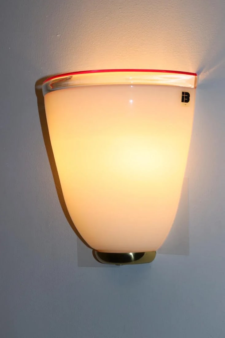 1980s Murano Itre Wall Lamp White Glass Red Stripe. - 5