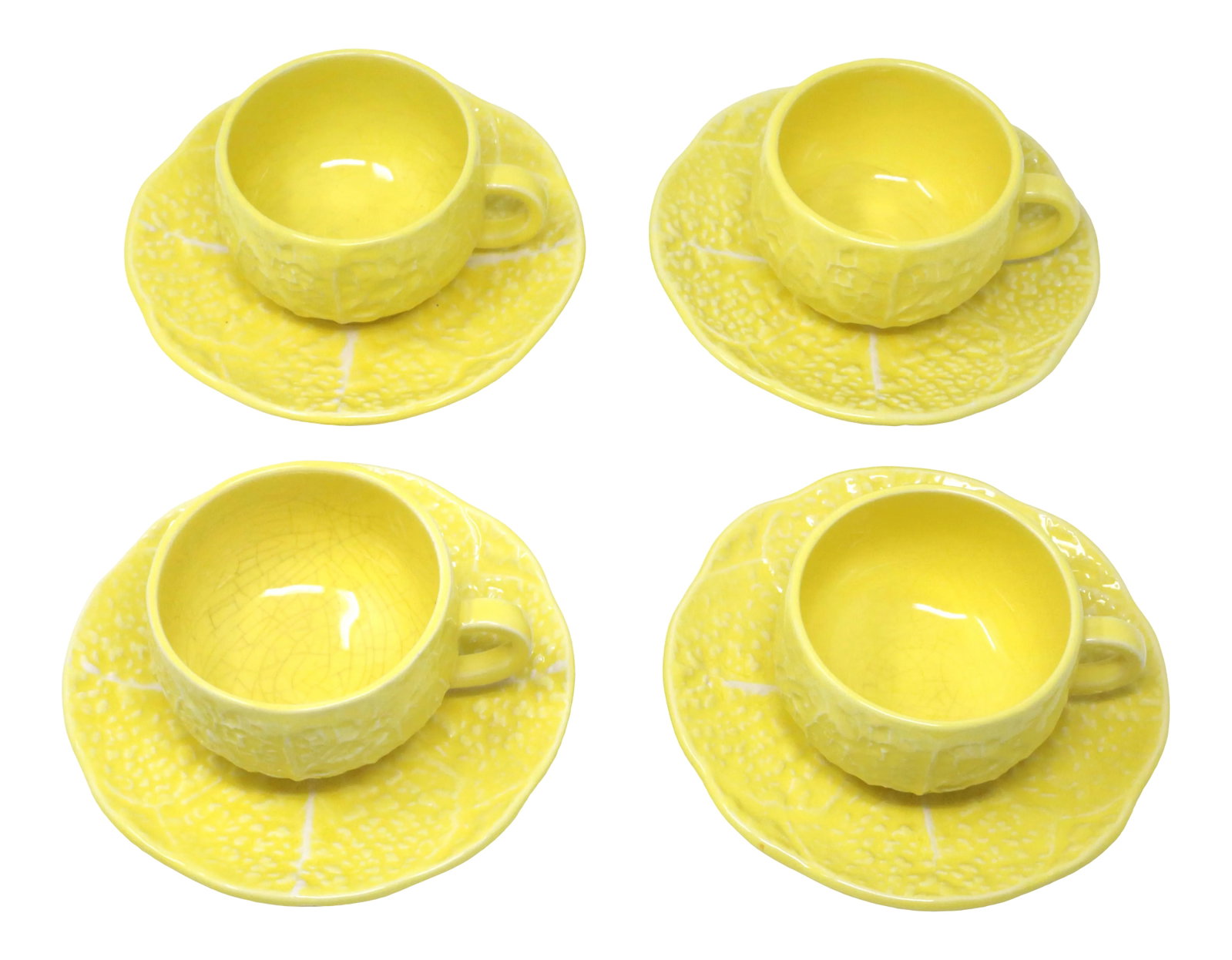 Vintage Secla Yellow Cabbage Majolica Teacups and Saucers by Secla - Set of 8 (1 of 9)