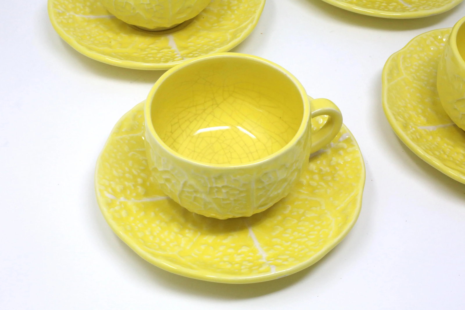 Vintage Secla Yellow Cabbage Majolica Teacups and Saucers by Secla - Set of 8 - 3