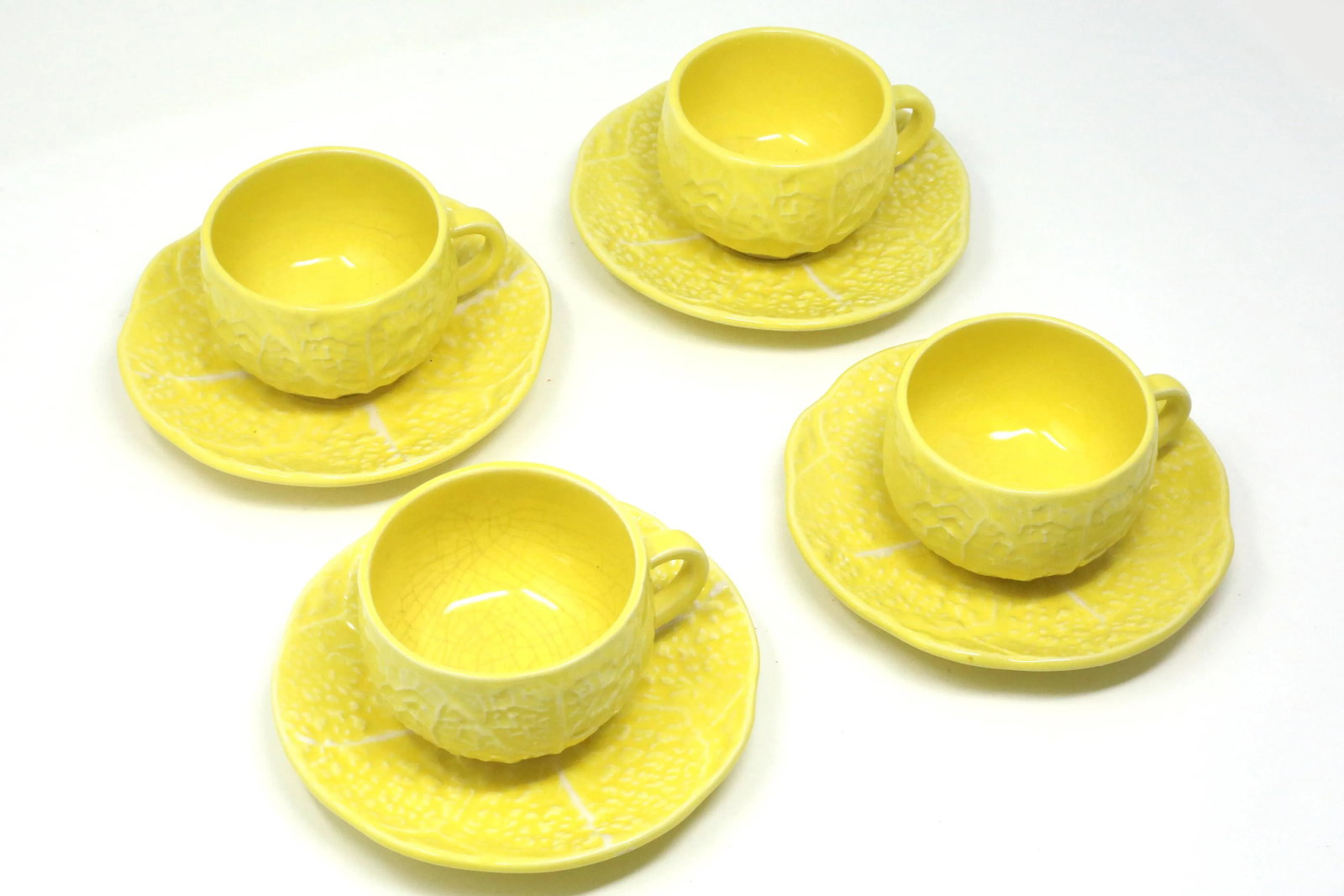 Vintage Secla Yellow Cabbage Majolica Teacups and Saucers by Secla - Set of 8 - 4