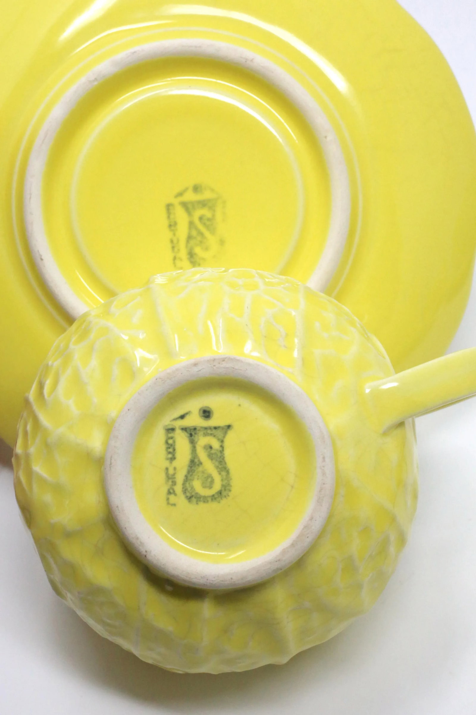 Vintage Secla Yellow Cabbage Majolica Teacups and Saucers by Secla - Set of 8 - 8
