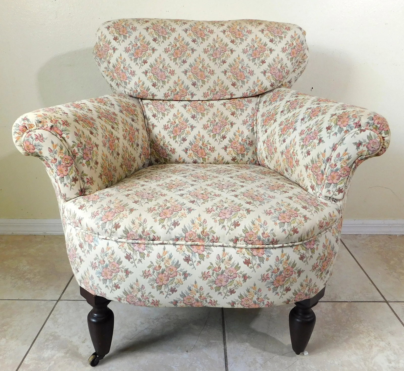 Antique Victorian Floral Upholstered Rolling Accent Vanity Club Accent Arm Chair - 11
