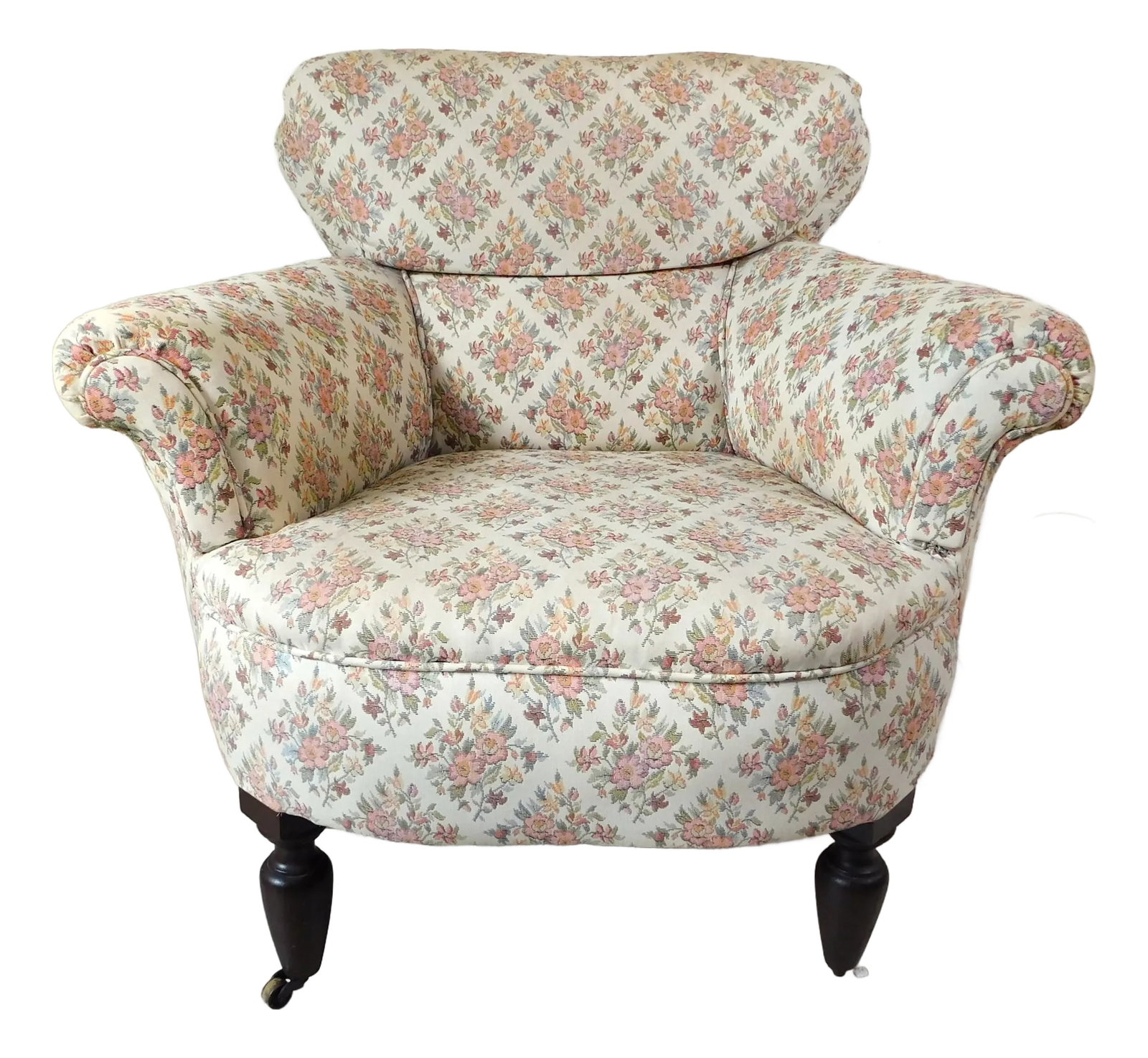Antique Victorian Floral Upholstered Rolling Accent Vanity Club Accent Arm Chair (1 of 11)