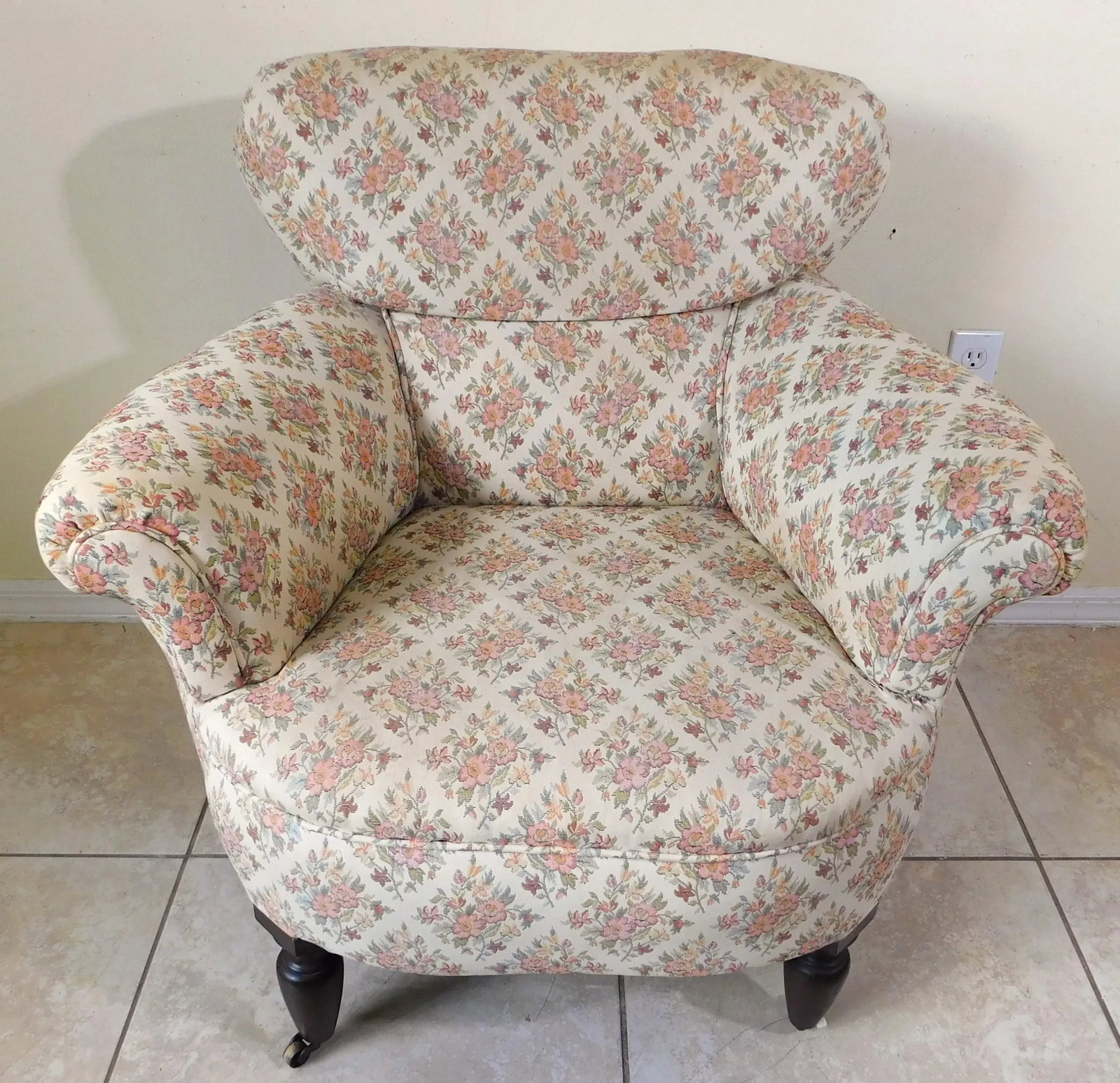 Antique Victorian Floral Upholstered Rolling Accent Vanity Club Accent Arm Chair - 3
