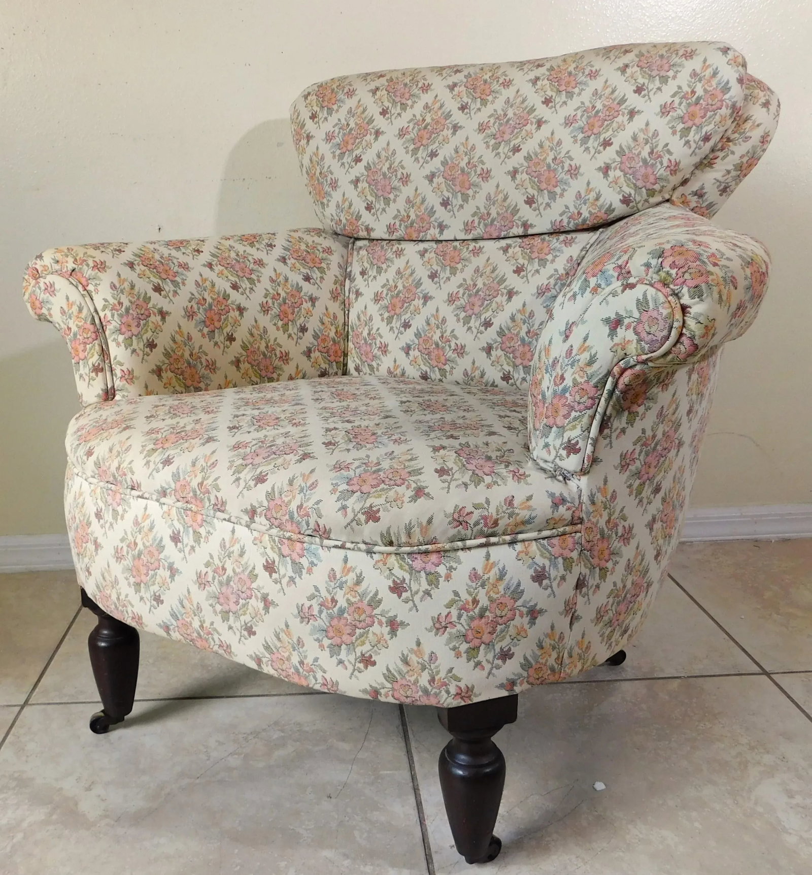 Antique Victorian Floral Upholstered Rolling Accent Vanity Club Accent Arm Chair - 4