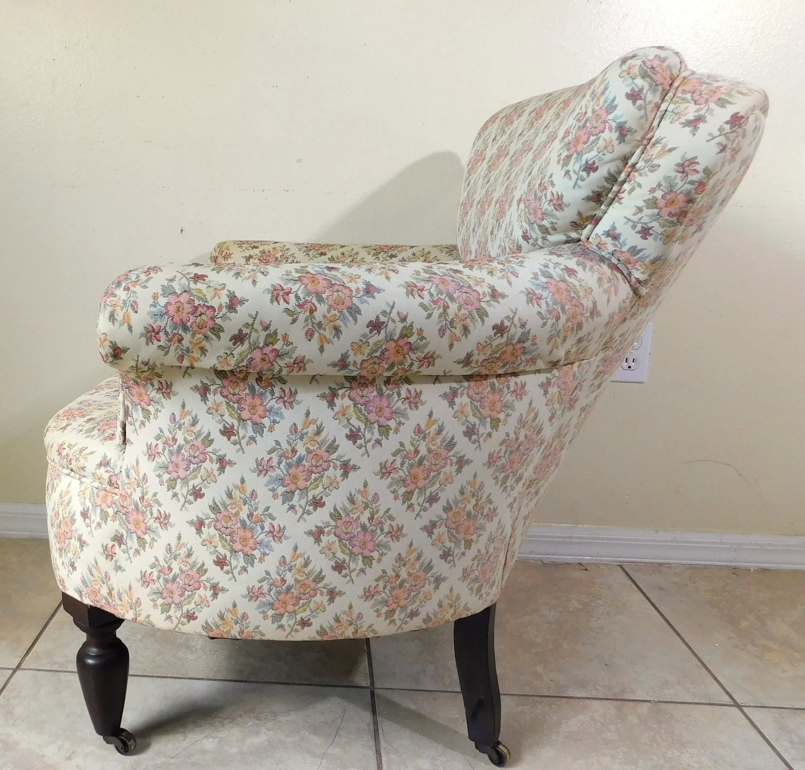 Antique Victorian Floral Upholstered Rolling Accent Vanity Club Accent Arm Chair - 5