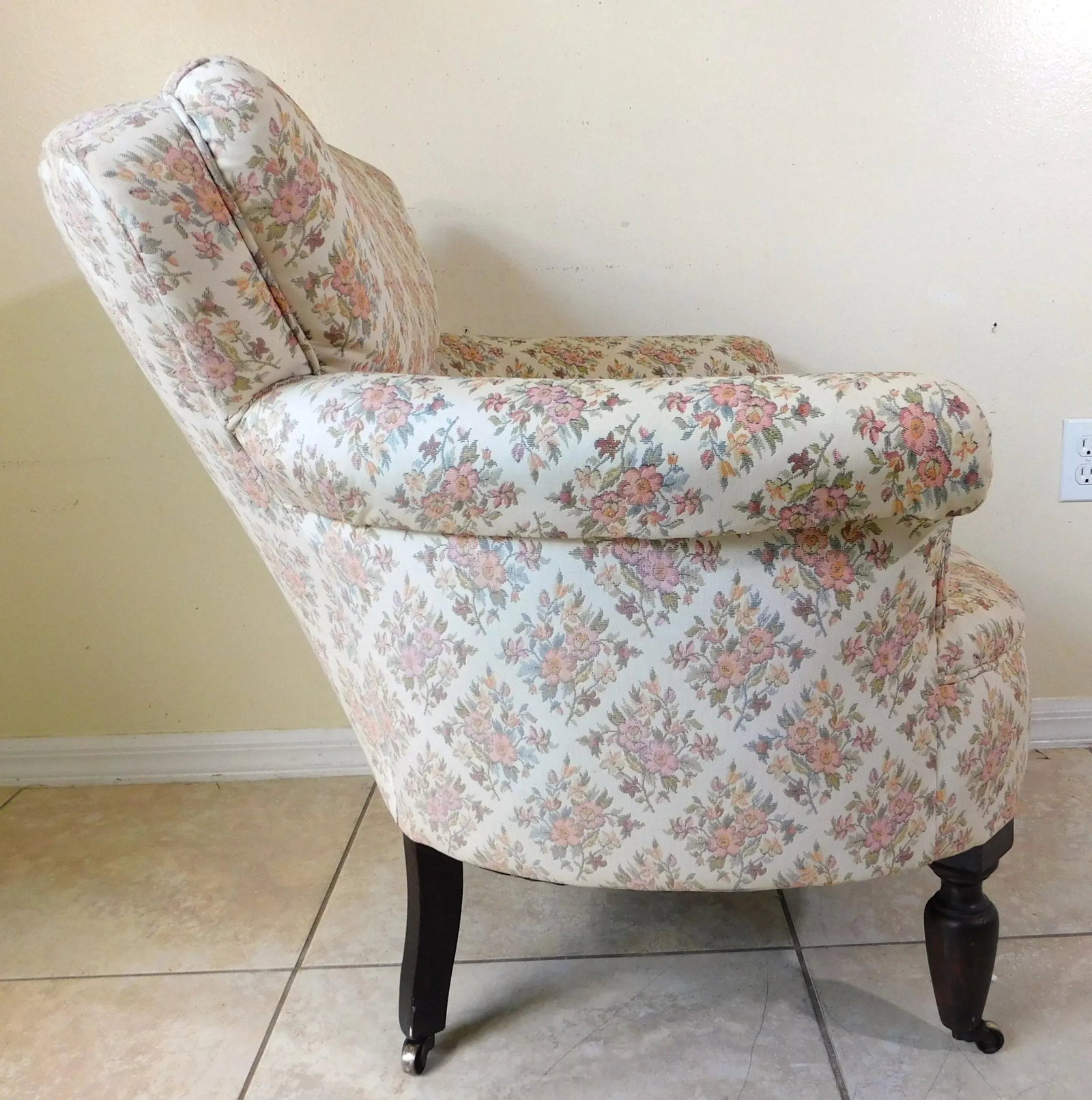 Antique Victorian Floral Upholstered Rolling Accent Vanity Club Accent Arm Chair - 7