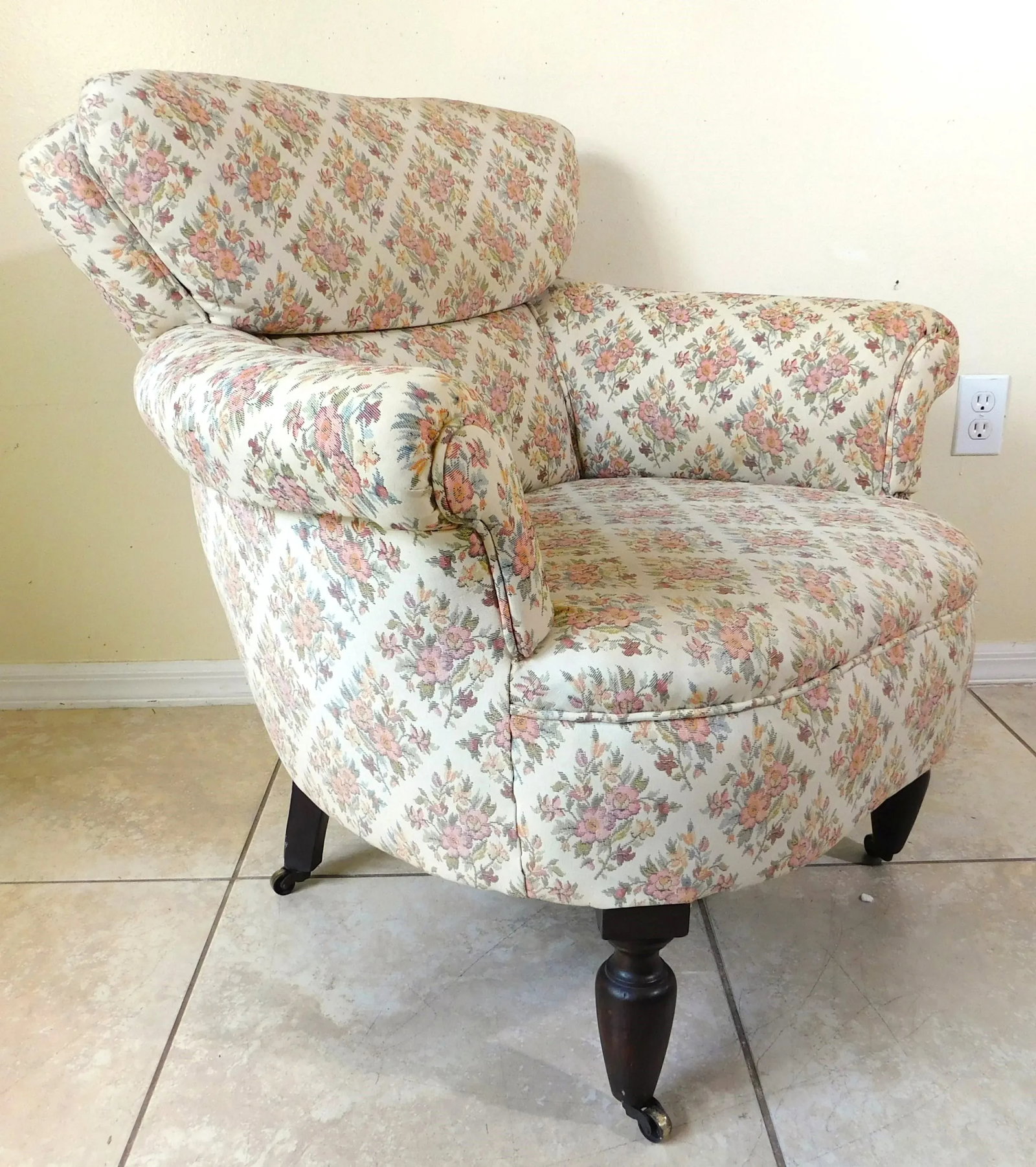 Antique Victorian Floral Upholstered Rolling Accent Vanity Club Accent Arm Chair - 8