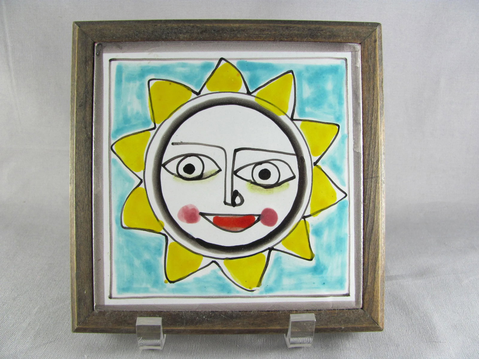 1960s DeSimone Hand Painted Sun Ceramic Tile Wood Frame - 7