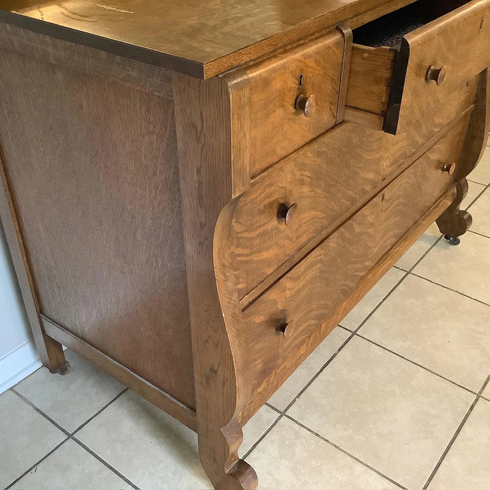 Antique Oak American Empire Waterfall Front Dresser With Mirror - 12