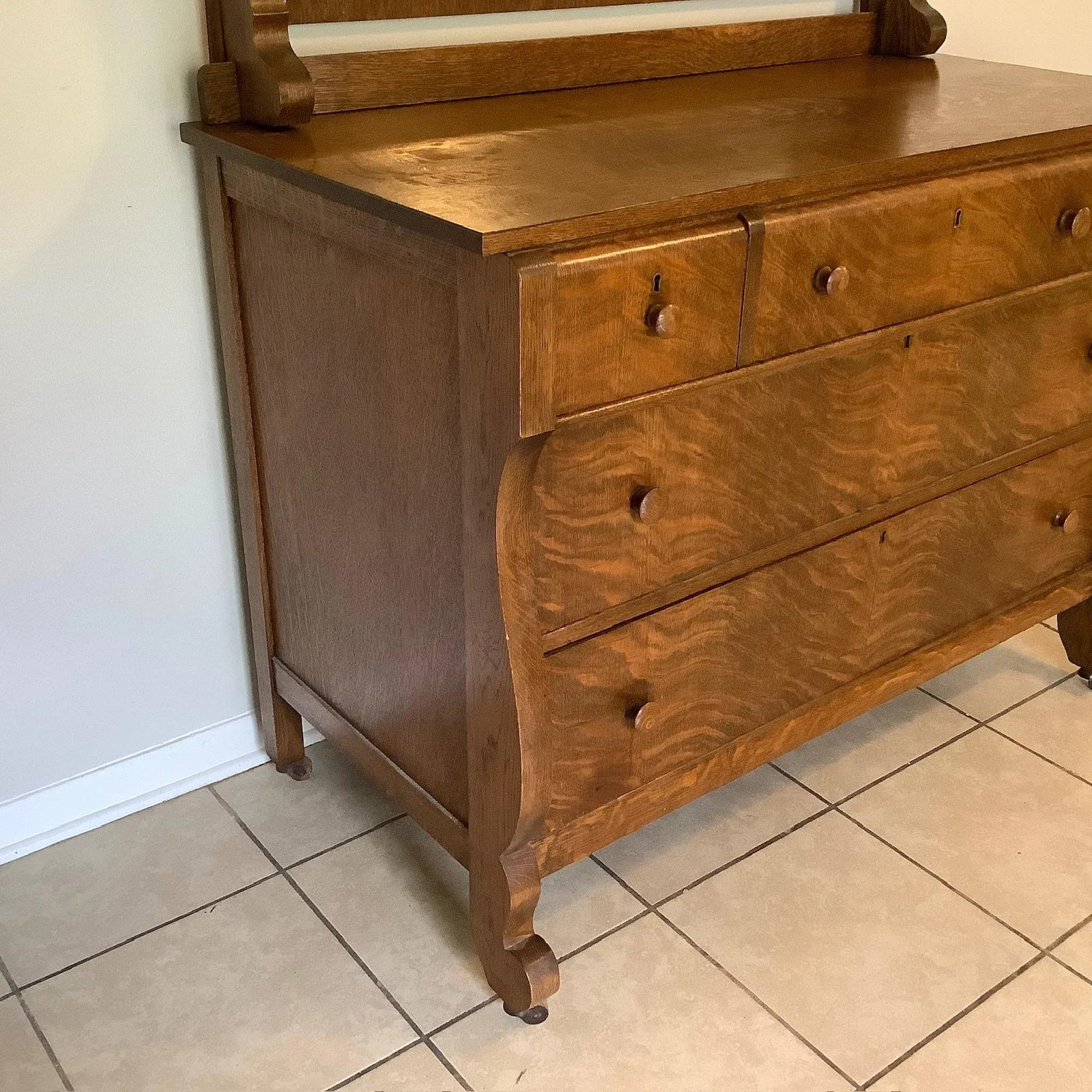 Antique Oak American Empire Waterfall Front Dresser With Mirror - 2