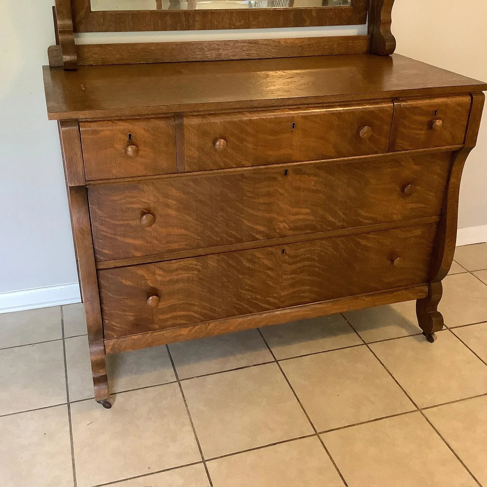 Antique Oak American Empire Waterfall Front Dresser With Mirror - 3