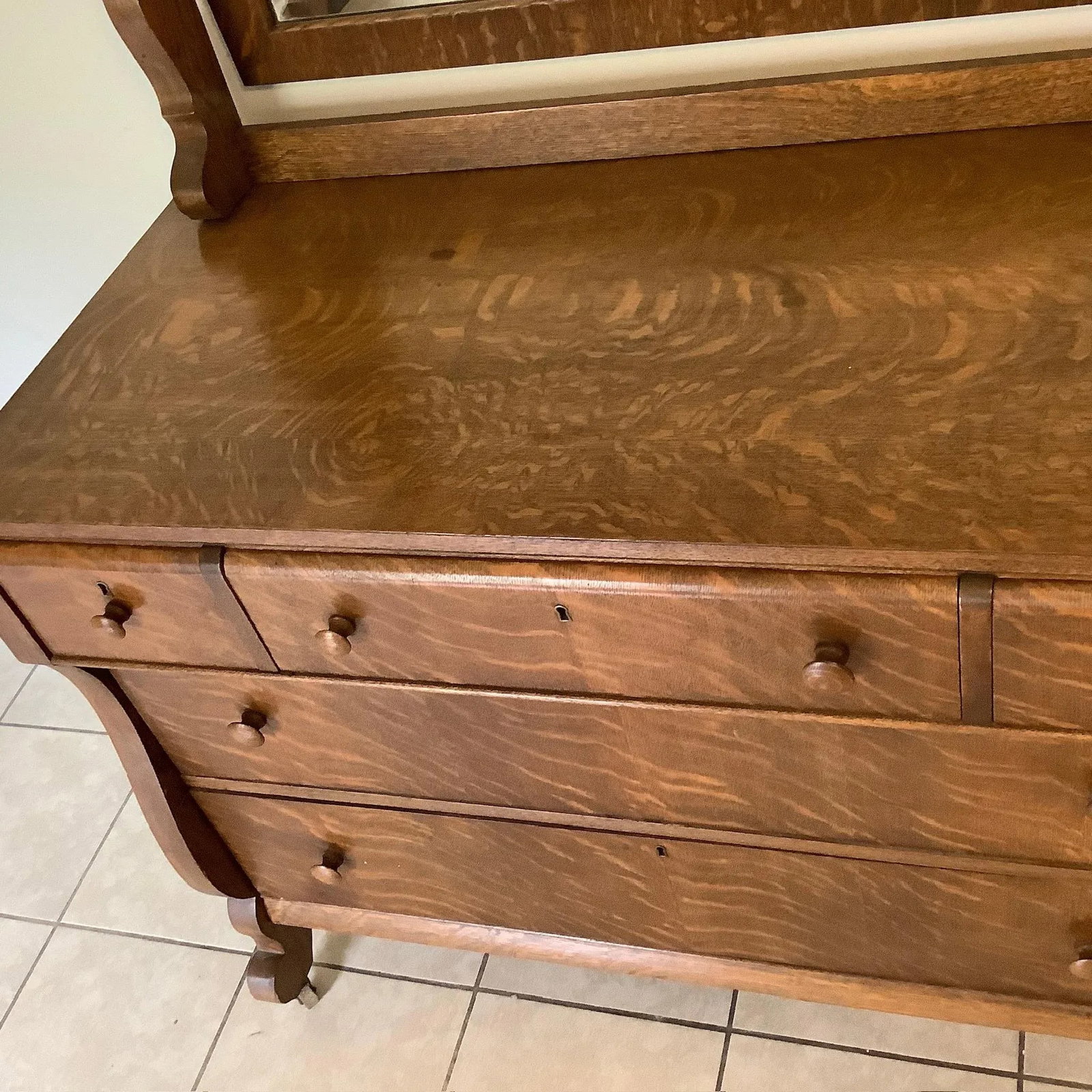 Antique Oak American Empire Waterfall Front Dresser With Mirror - 4