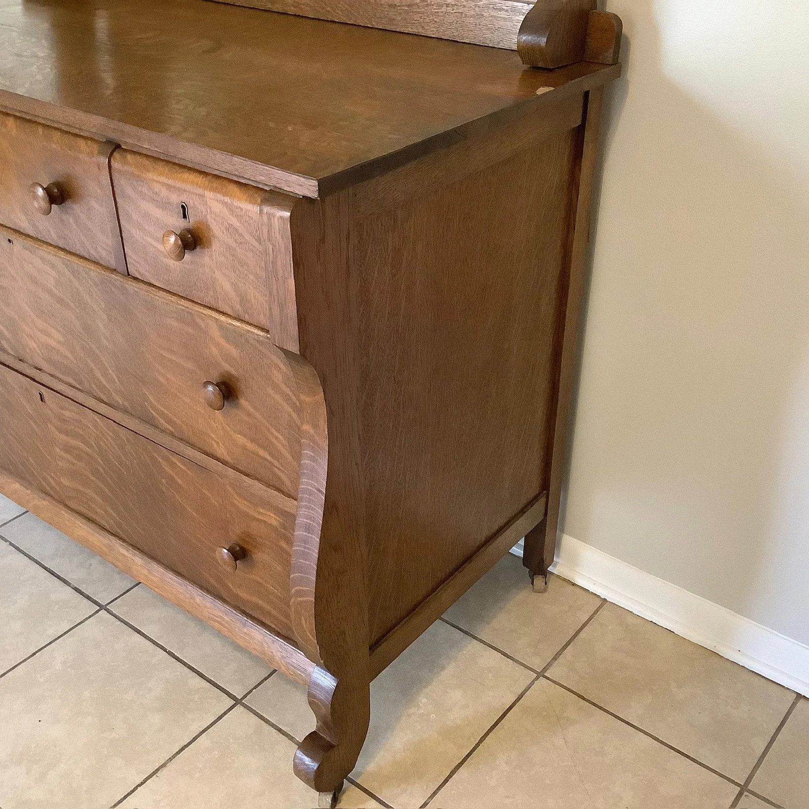 Antique Oak American Empire Waterfall Front Dresser With Mirror - 5