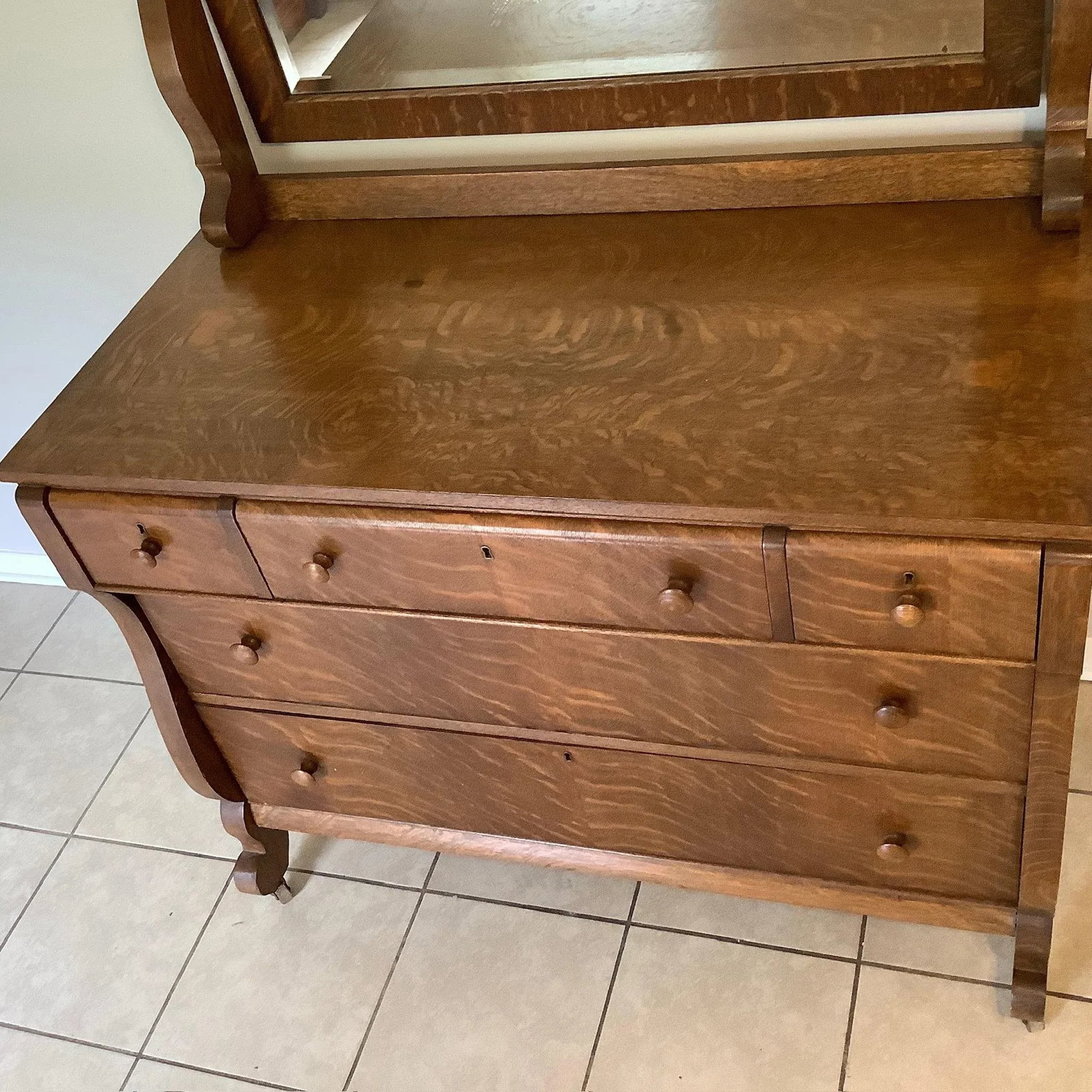 Antique Oak American Empire Waterfall Front Dresser With Mirror - 6