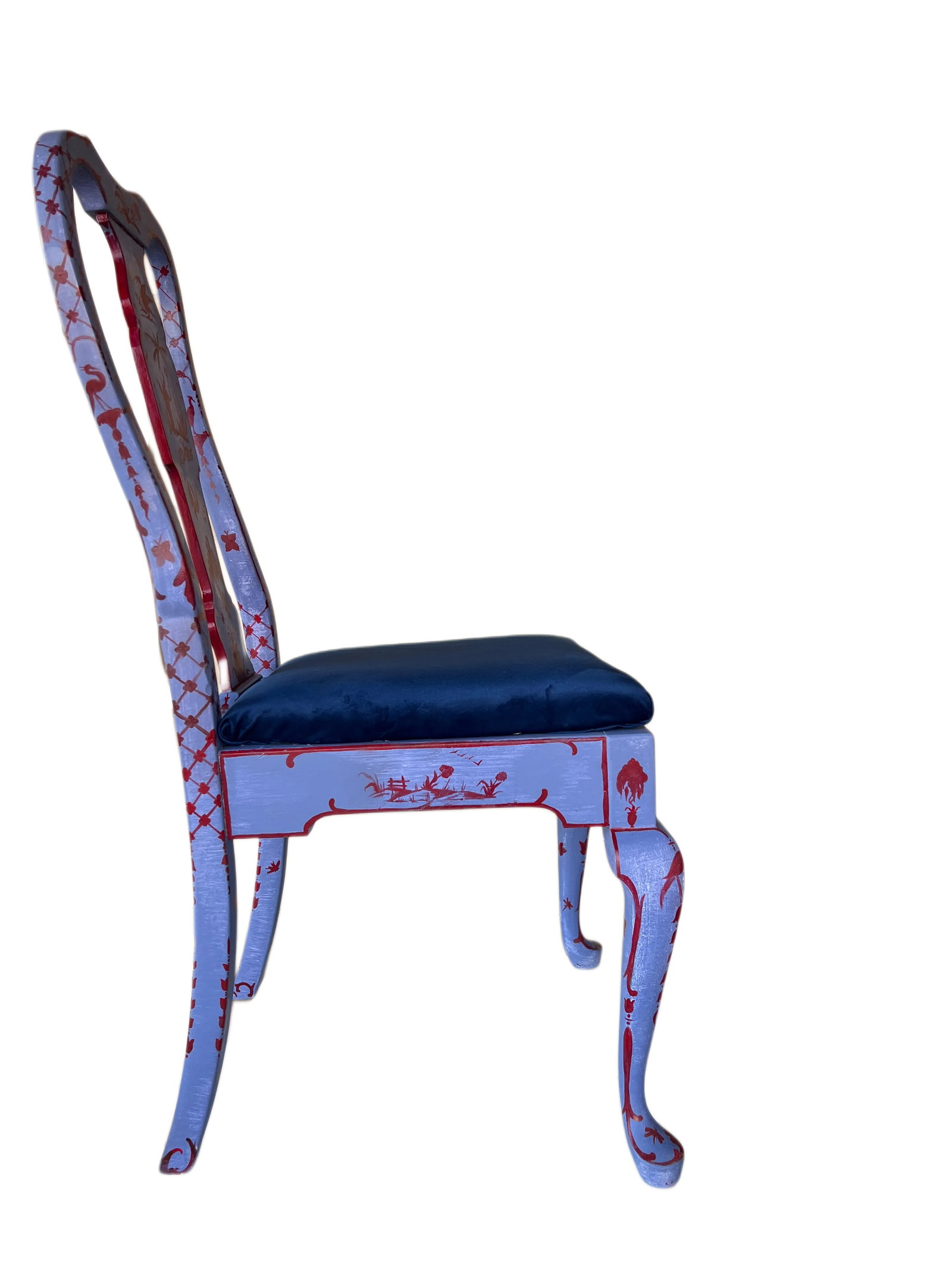 Vintage Handpainted Chinoiserie Chic Blue Accent Chair With New Velvet Upholstery - 2