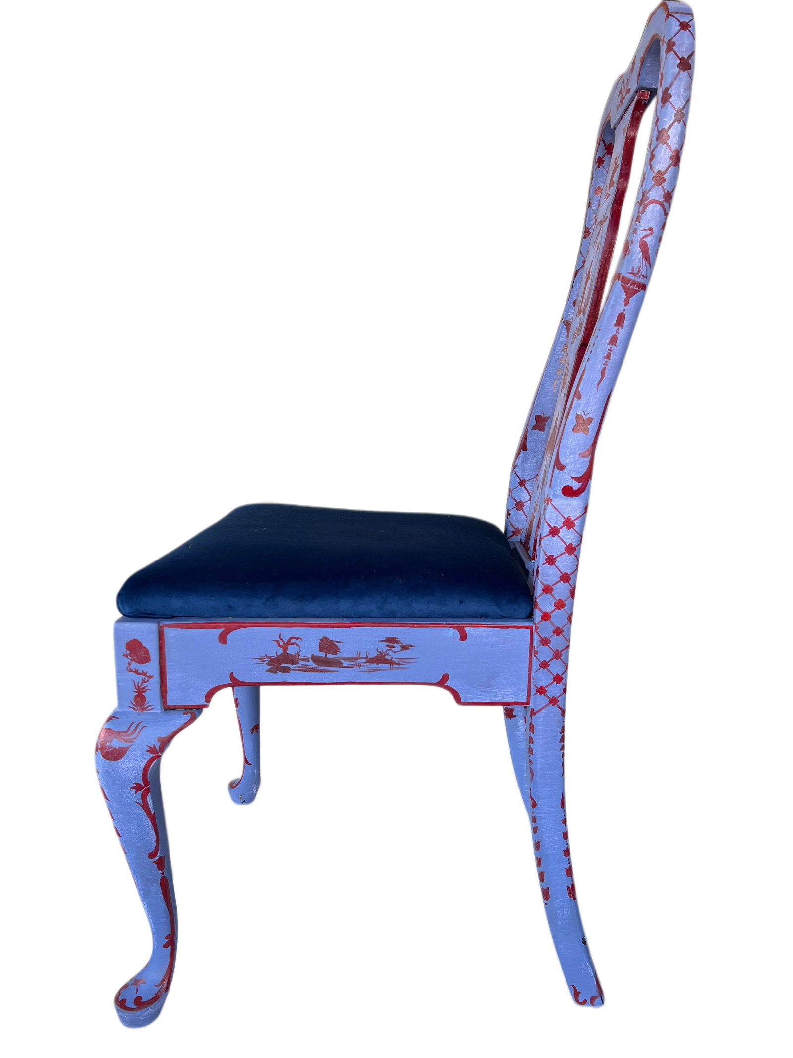 Vintage Handpainted Chinoiserie Chic Blue Accent Chair With New Velvet Upholstery - 3