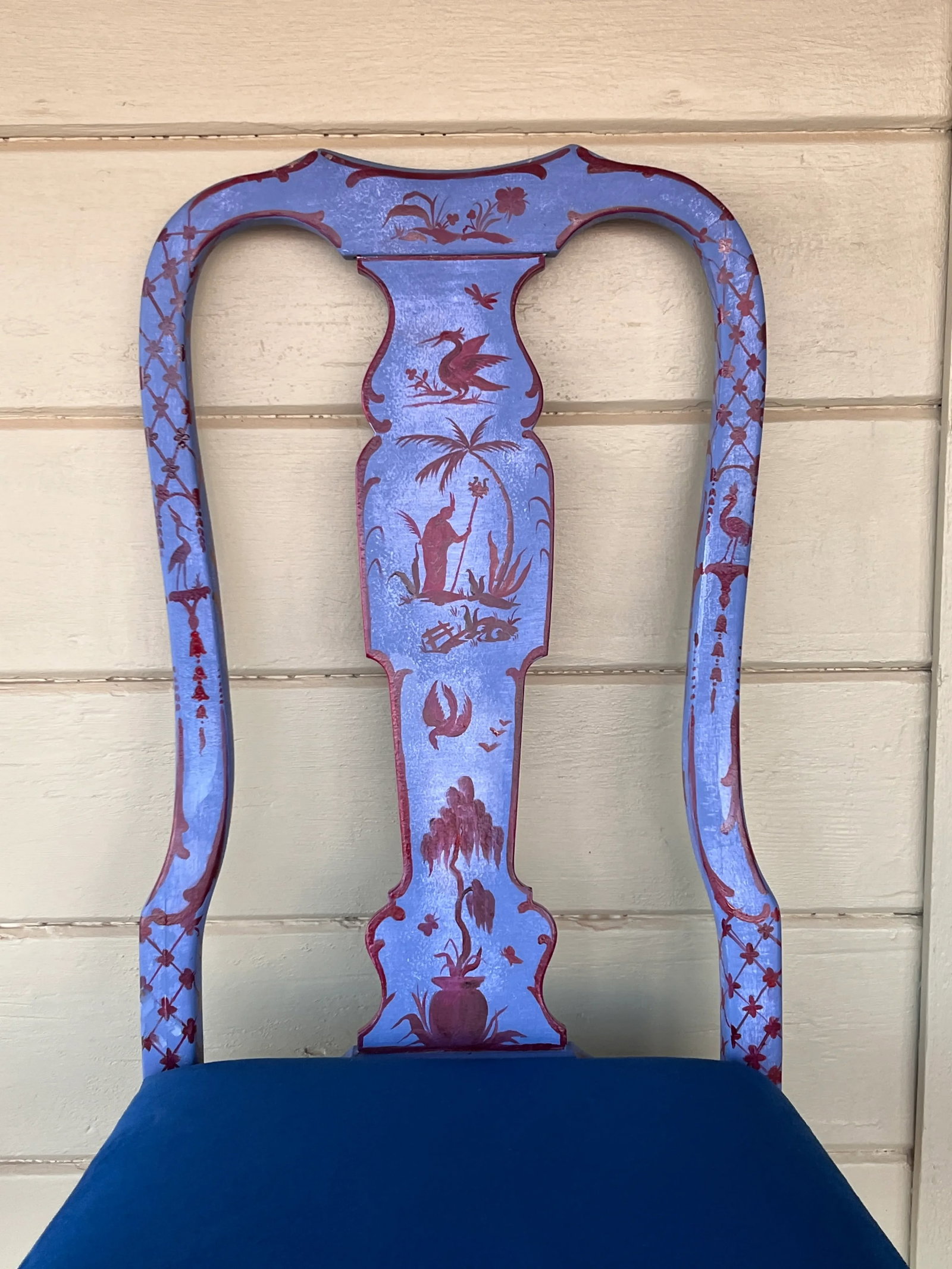 Vintage Handpainted Chinoiserie Chic Blue Accent Chair With New Velvet Upholstery - 5