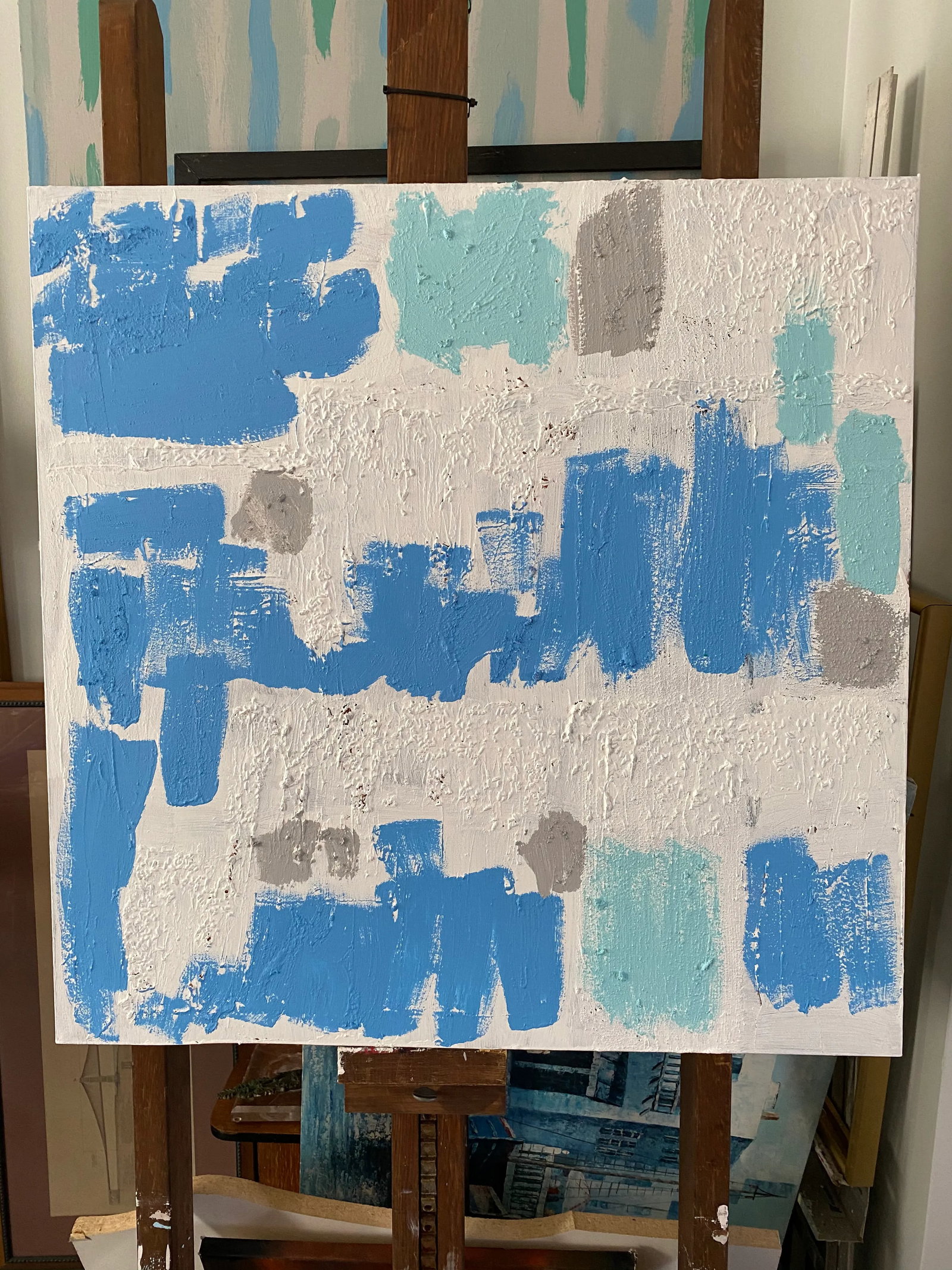 Contemporary Abstract Light Blue and White Mixed-Media Painting - 3