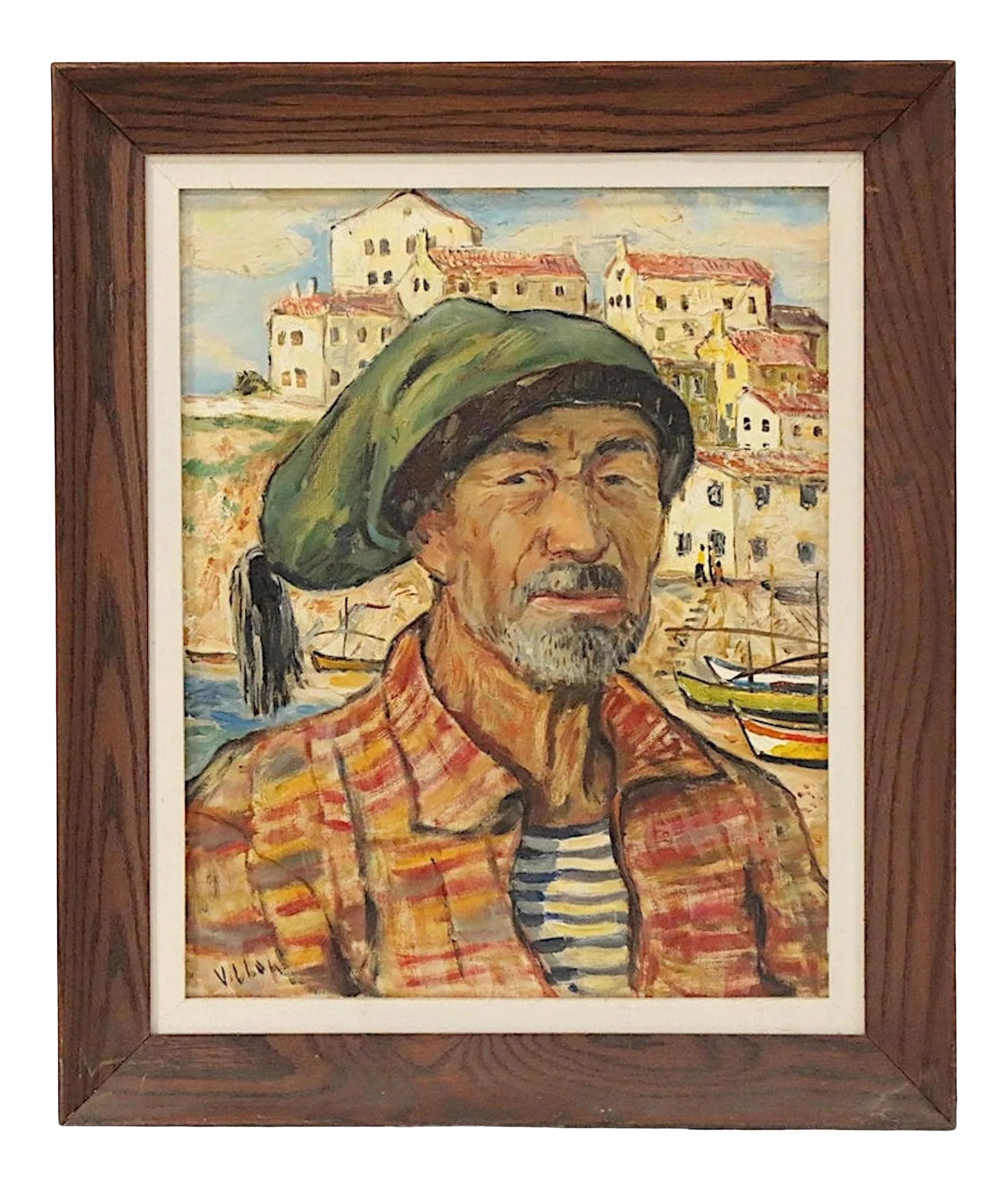 Original Mid 20th Century Oil/Canvas-Portrait-Southern European Man-Signed "Villon": This mid 20th century modernist oil on canvas depicts the portrait of a boat man or fisherman with a European hillside town in the background. It is signed "Villon" to the lower left.Housed in a wood