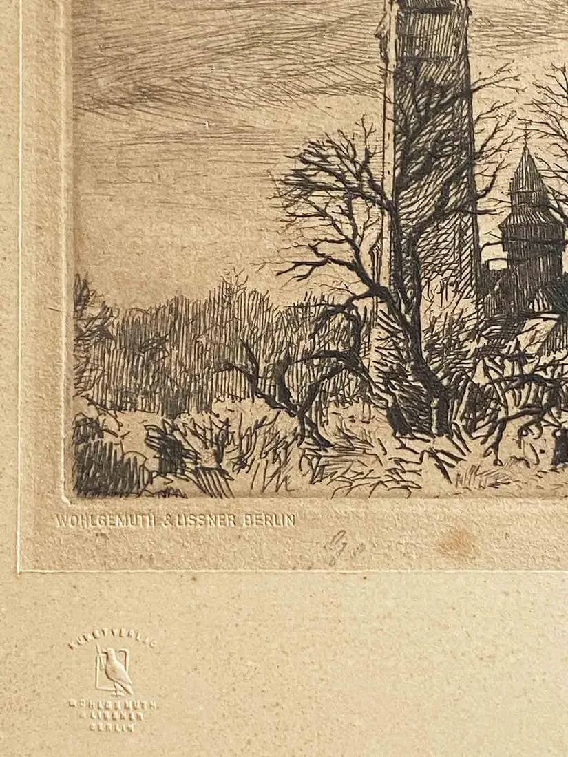 Antique Etching German Town Landscape - 3
