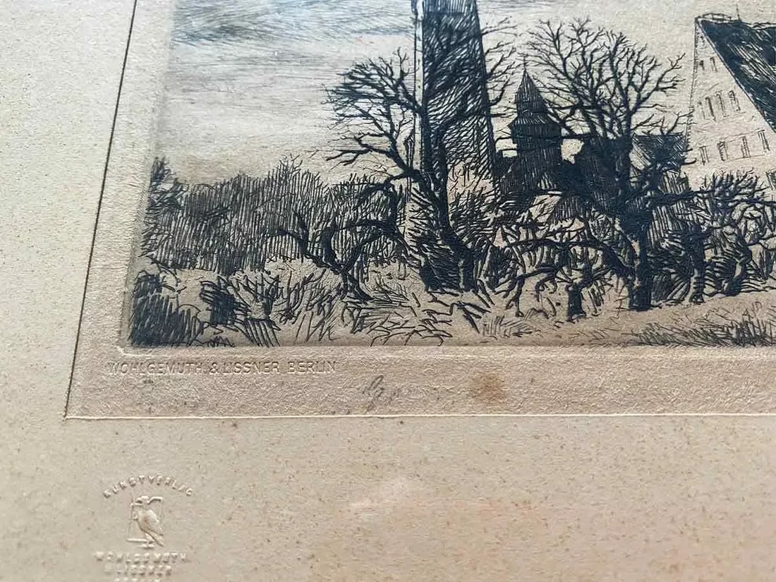 Antique Etching German Town Landscape - 4