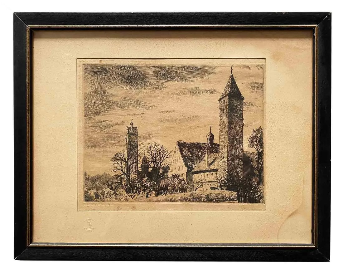 Antique Etching German Town Landscape - 6