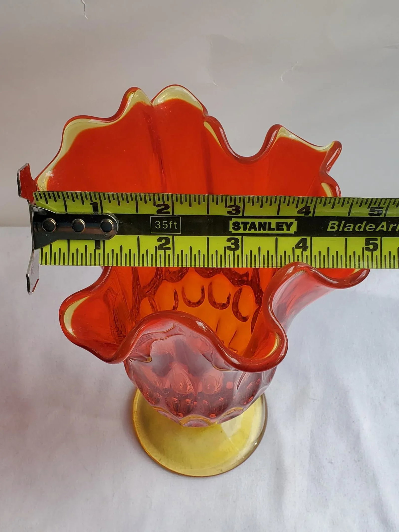 Mid Century Fenton Amberina Swung Thumbprint Hankerchirf Vase - 11