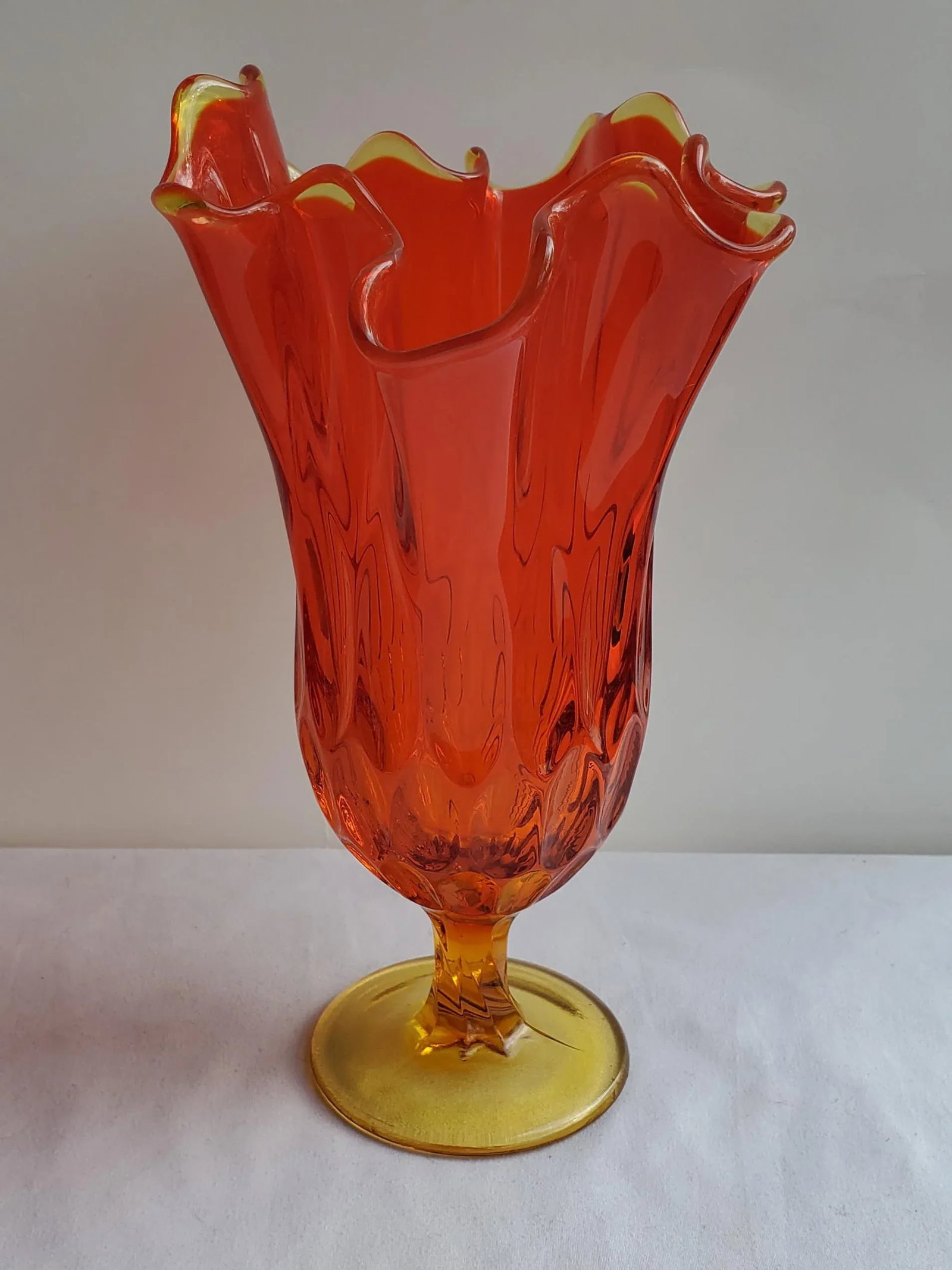 Mid Century Fenton Amberina Swung Thumbprint Hankerchirf Vase - 12