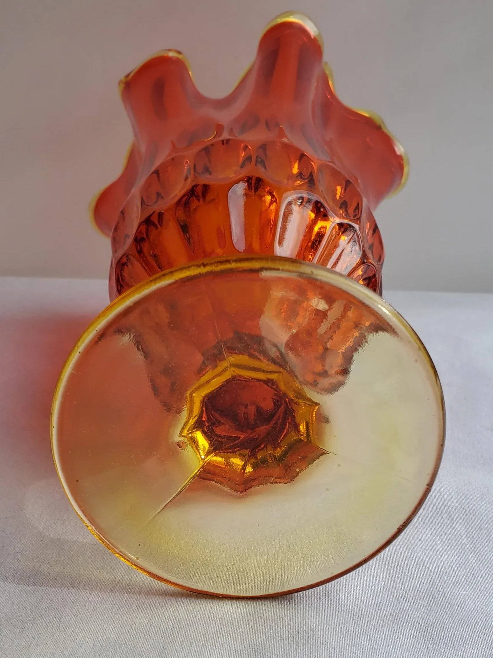 Mid Century Fenton Amberina Swung Thumbprint Hankerchirf Vase - 9