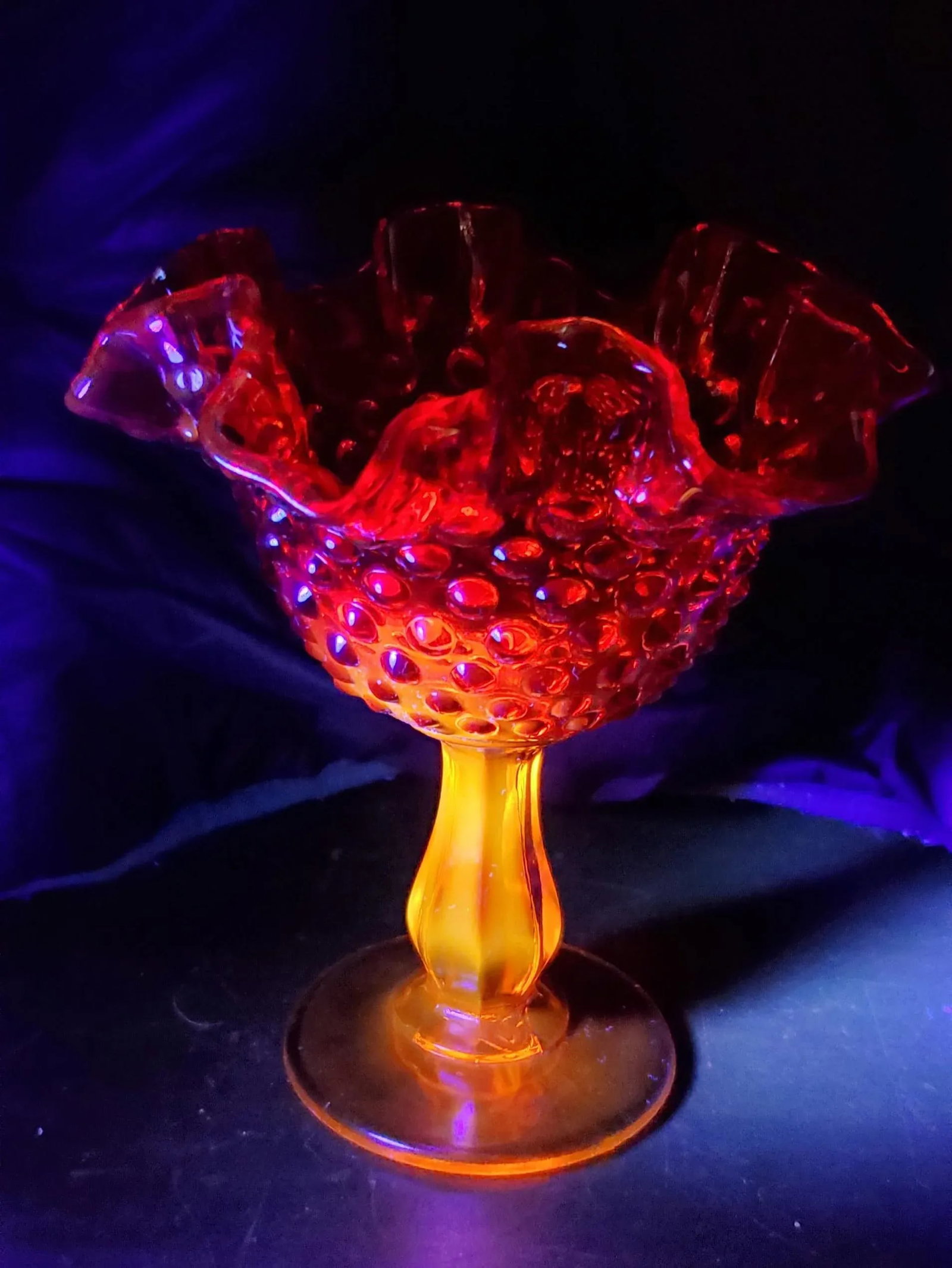1970s Fenton Amberina Ruffled Edge Hobnail Glass Compote - 2