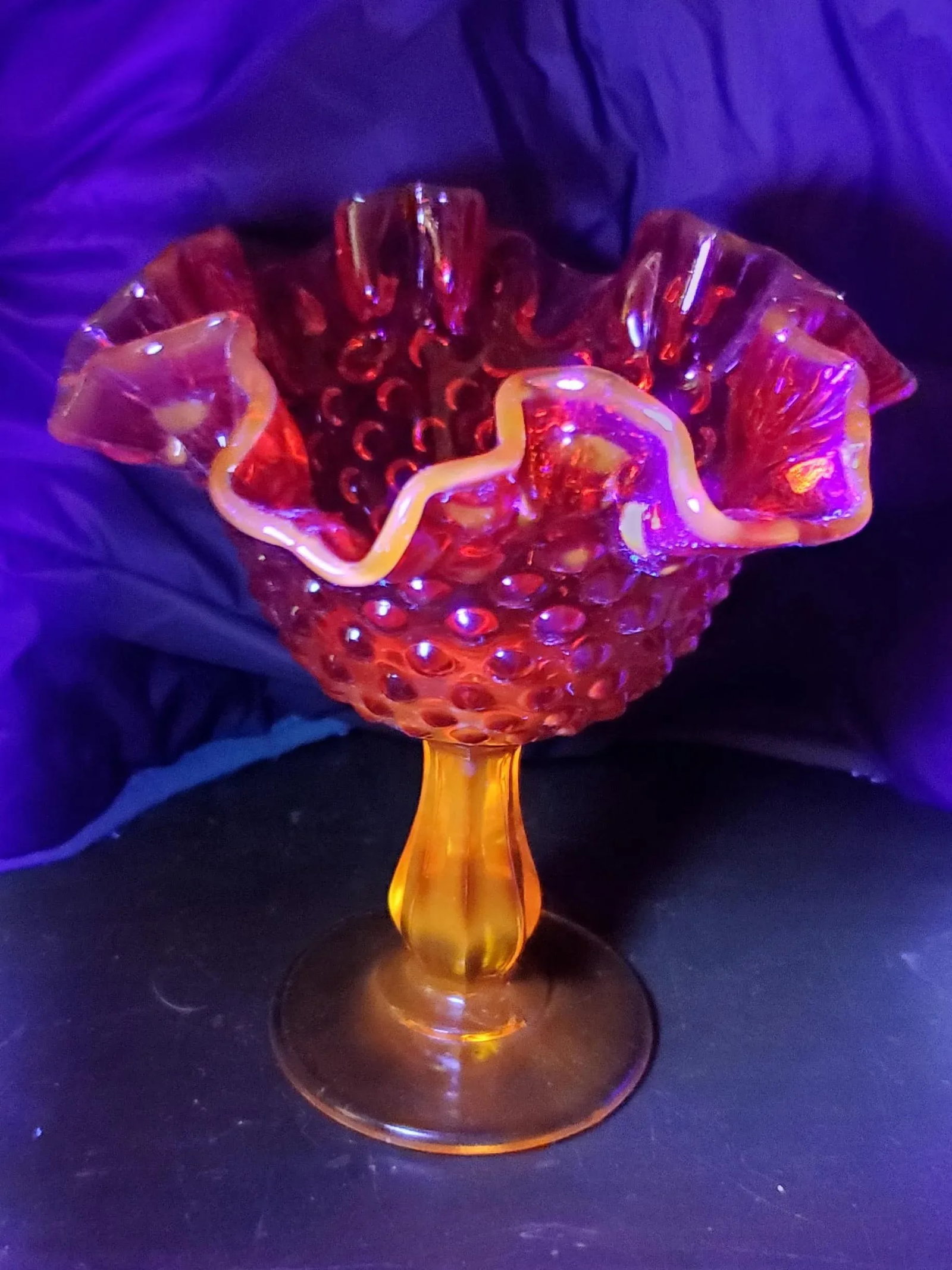 1970s Fenton Amberina Ruffled Edge Hobnail Glass Compote - 3