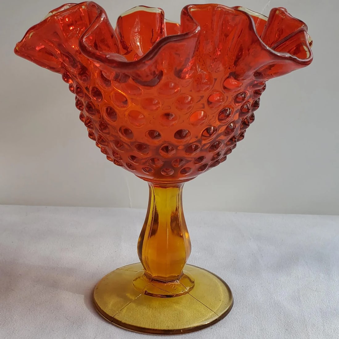 1970s Fenton Amberina Ruffled Edge Hobnail Glass Compote - 4