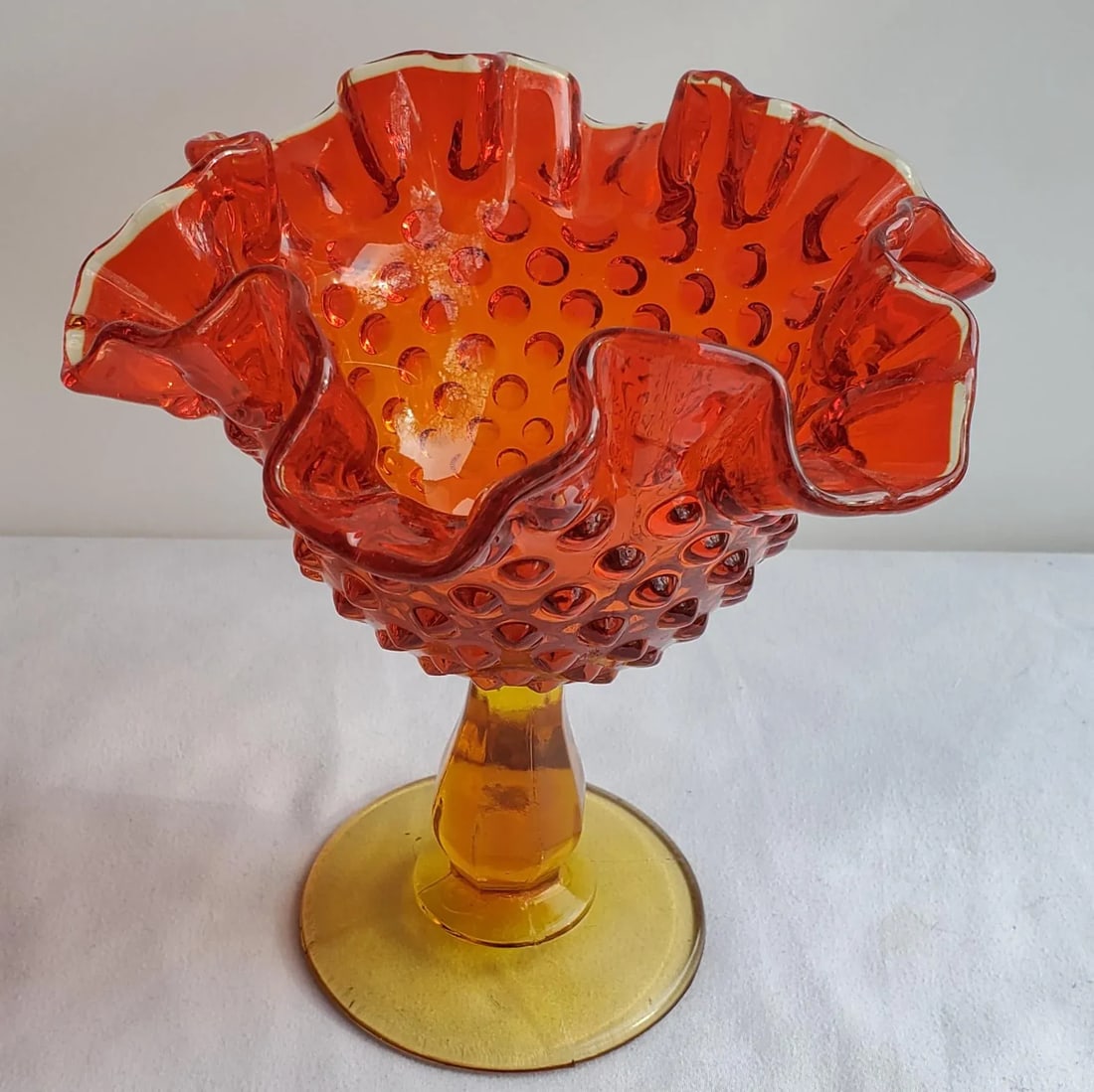 1970s Fenton Amberina Ruffled Edge Hobnail Glass Compote - 6