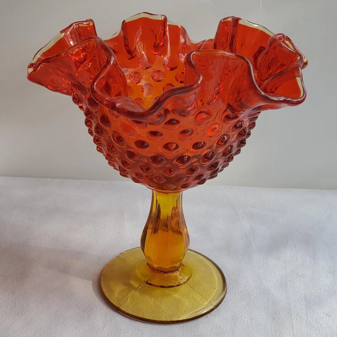1970s Fenton Amberina Ruffled Edge Hobnail Glass Compote - 9