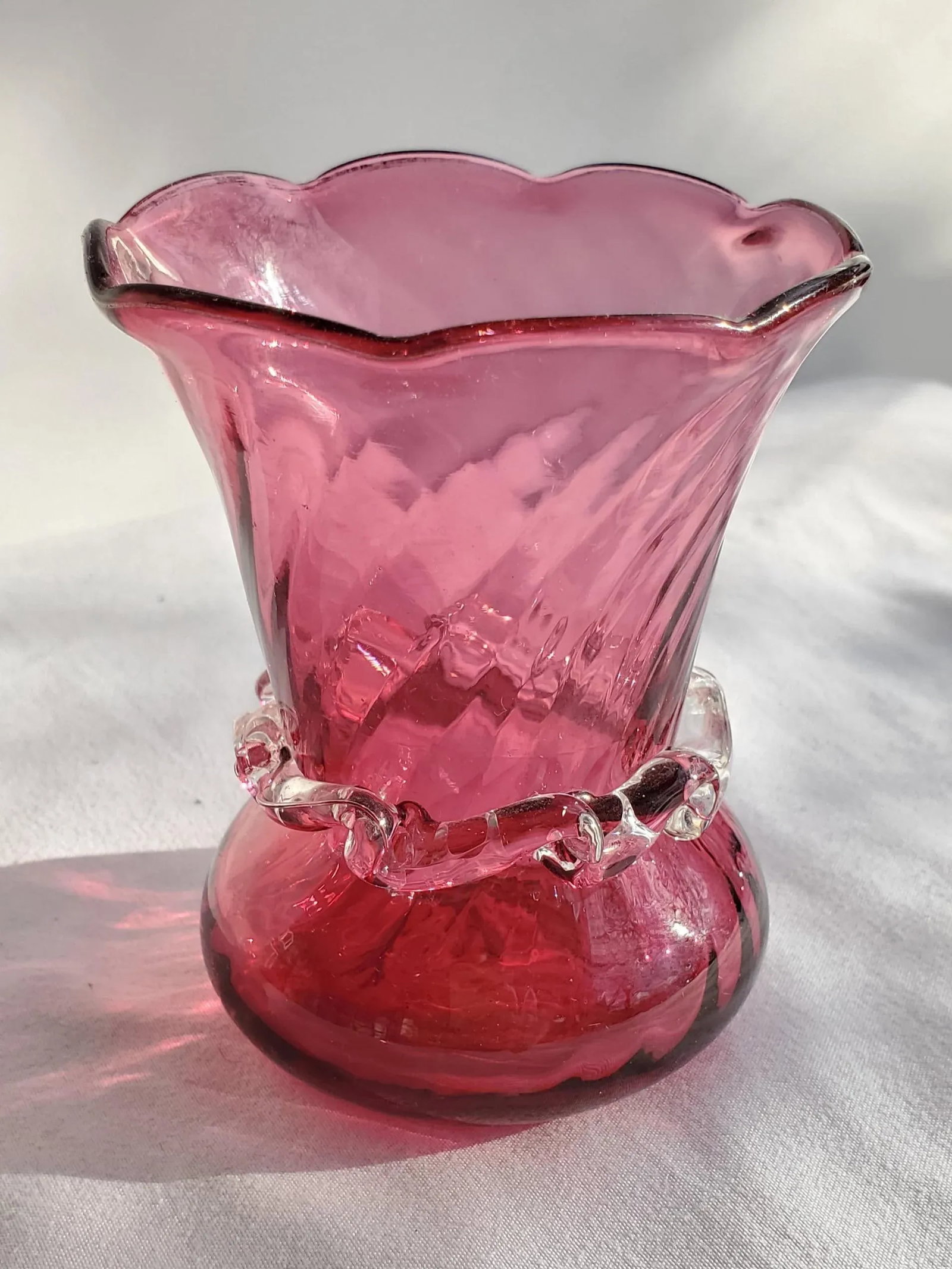 1980s Pilgrim Cranberry Glass Bud Vase With Crystal Collar - 12
