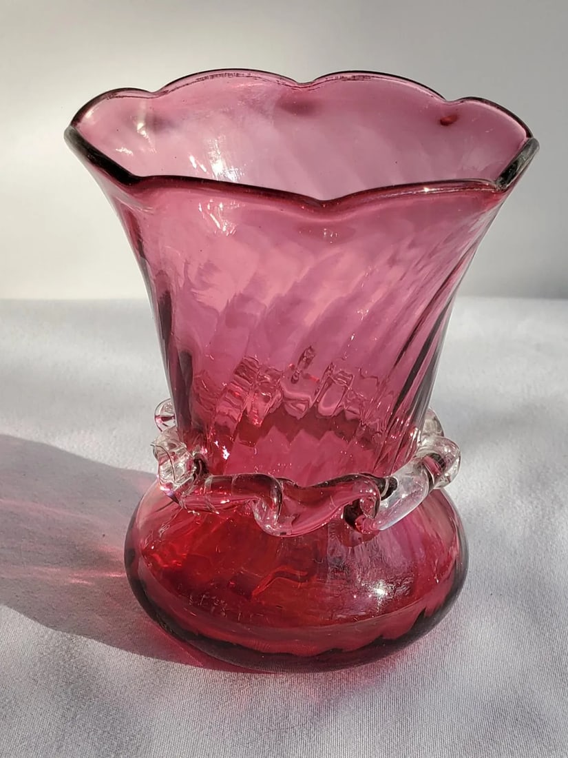 1980s Pilgrim Cranberry Glass Bud Vase With Crystal Collar - 2