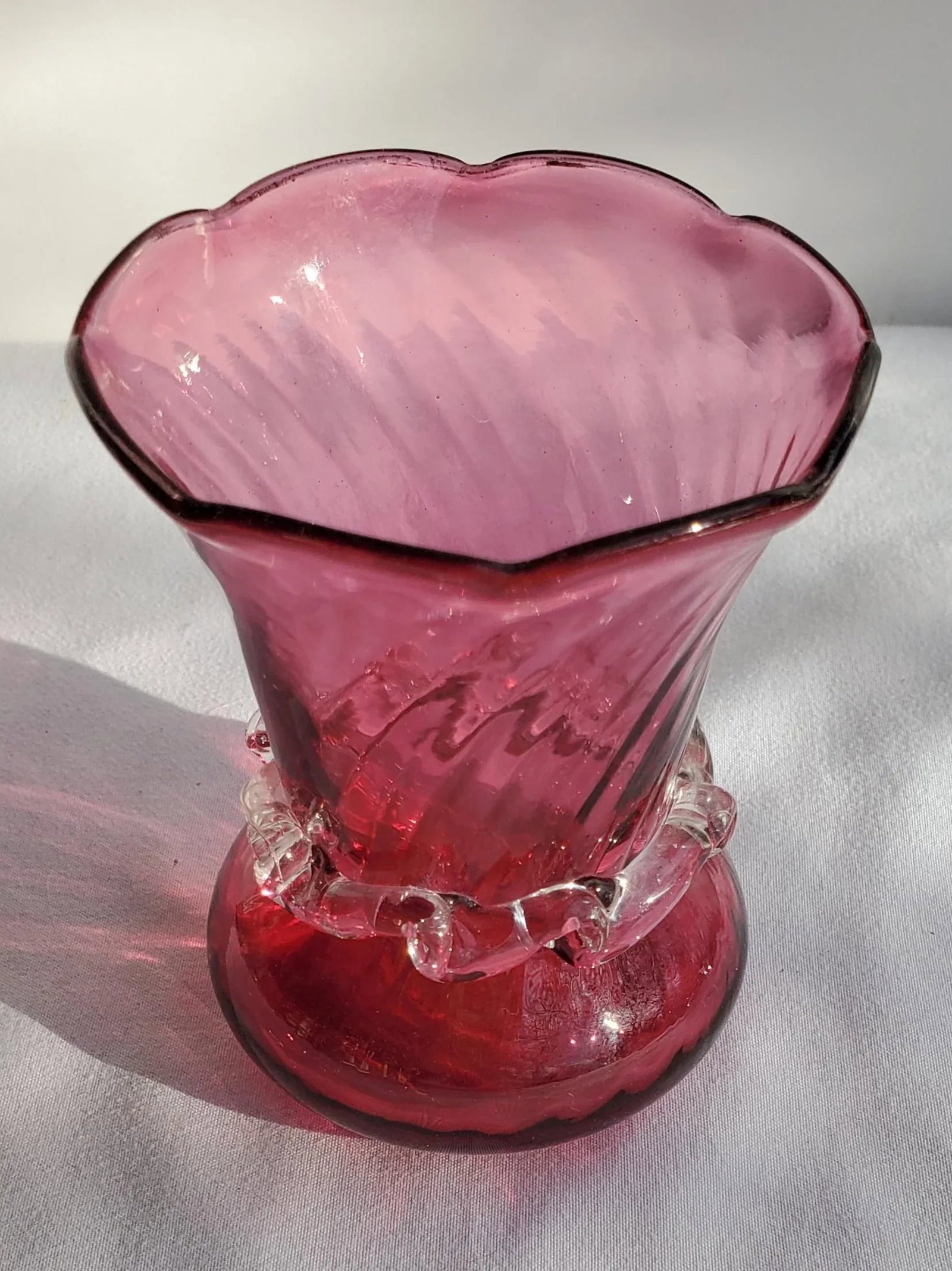 1980s Pilgrim Cranberry Glass Bud Vase With Crystal Collar - 3