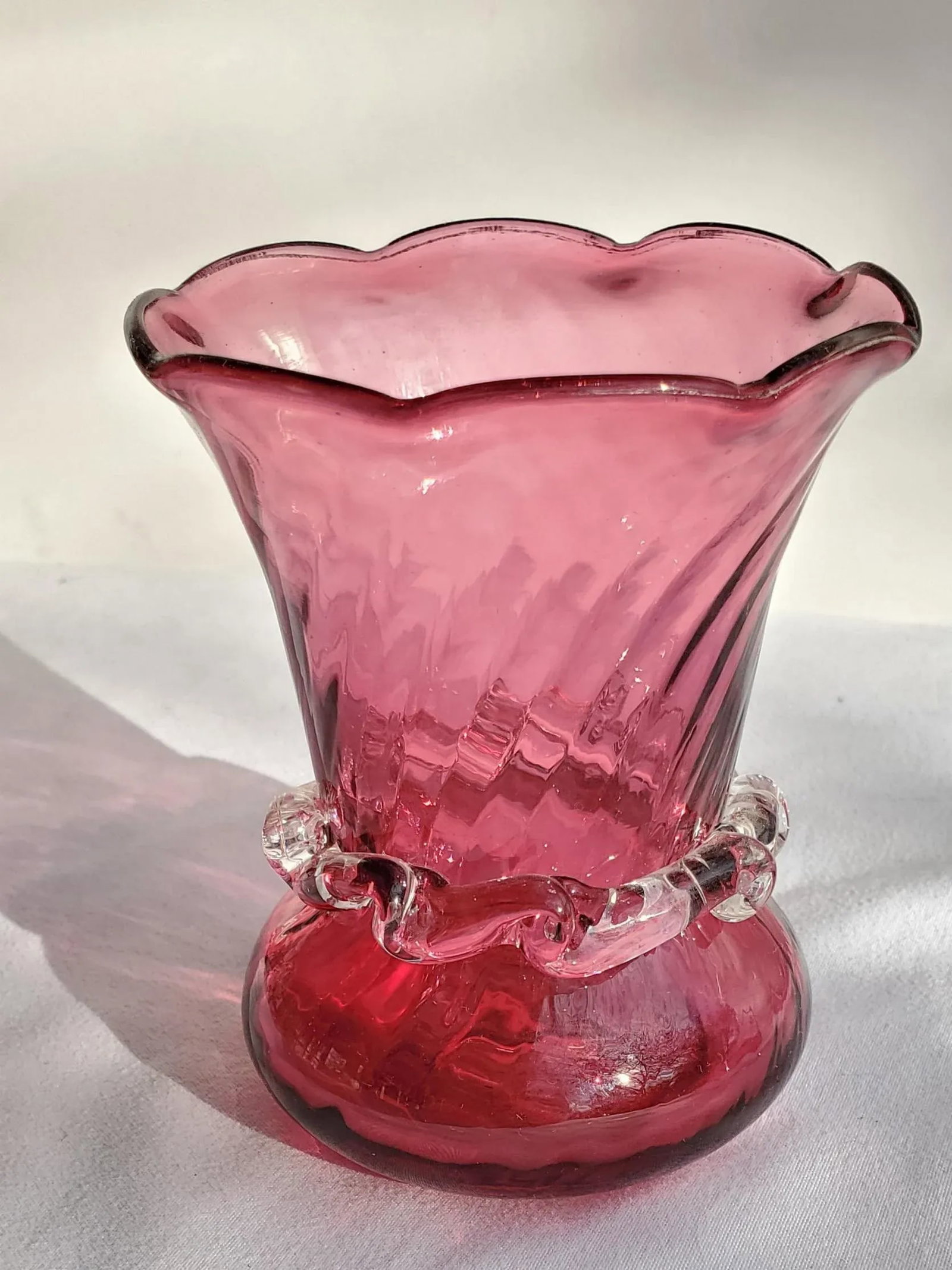 1980s Pilgrim Cranberry Glass Bud Vase With Crystal Collar - 4